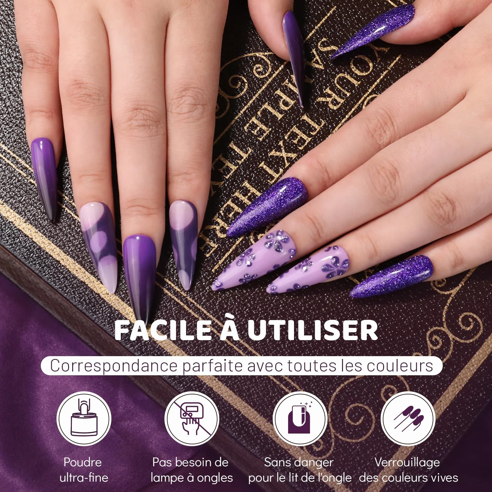 Aokitec Poudre à Tremper, 4 Couleurs Nail Art Français, Kit de Manucure DIY, Longue Durée