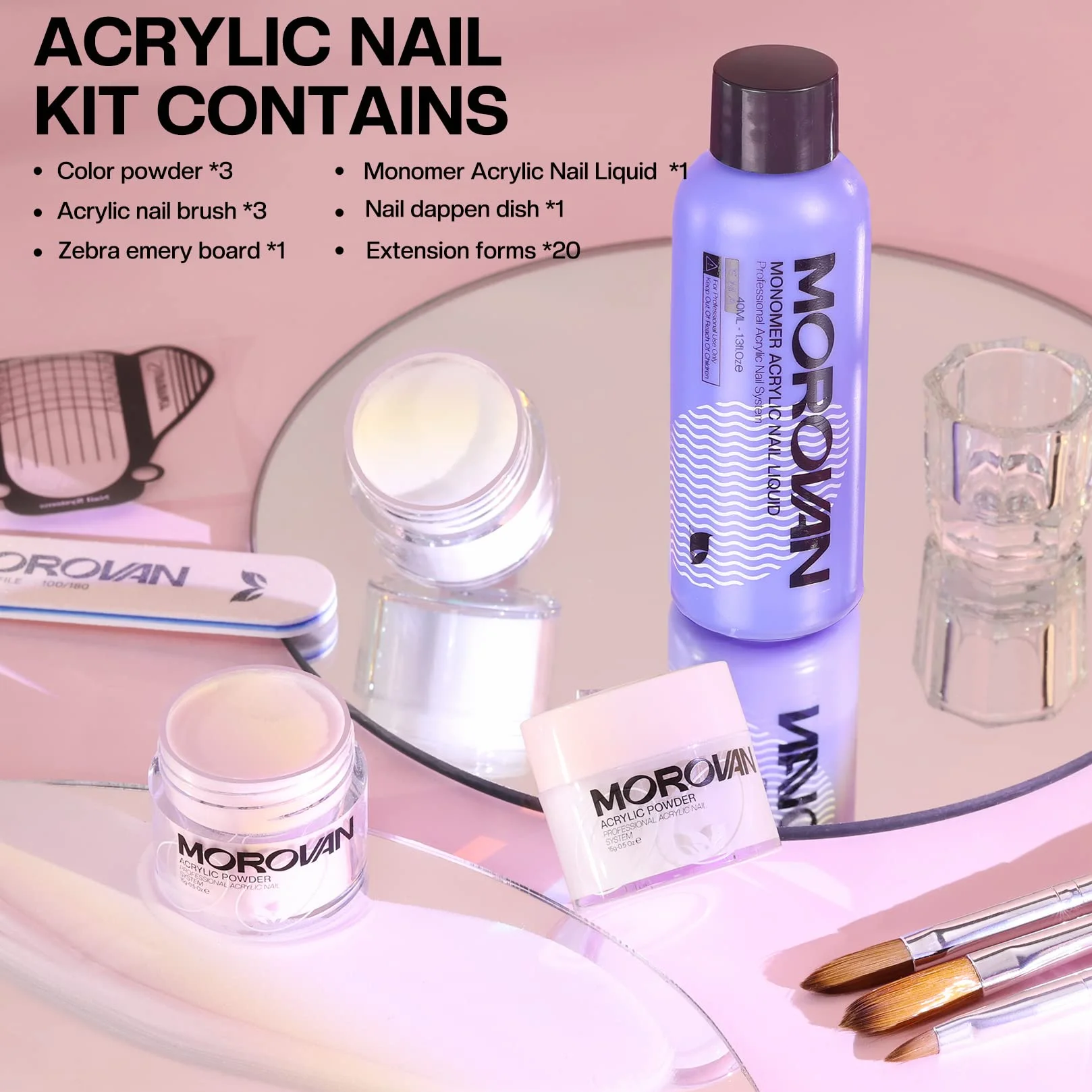 Morovan Kit Poudre Acrylique pour Ongles 3 Couleurs 3 Pinceaux Professionnels Débutants Art de l'Ongle