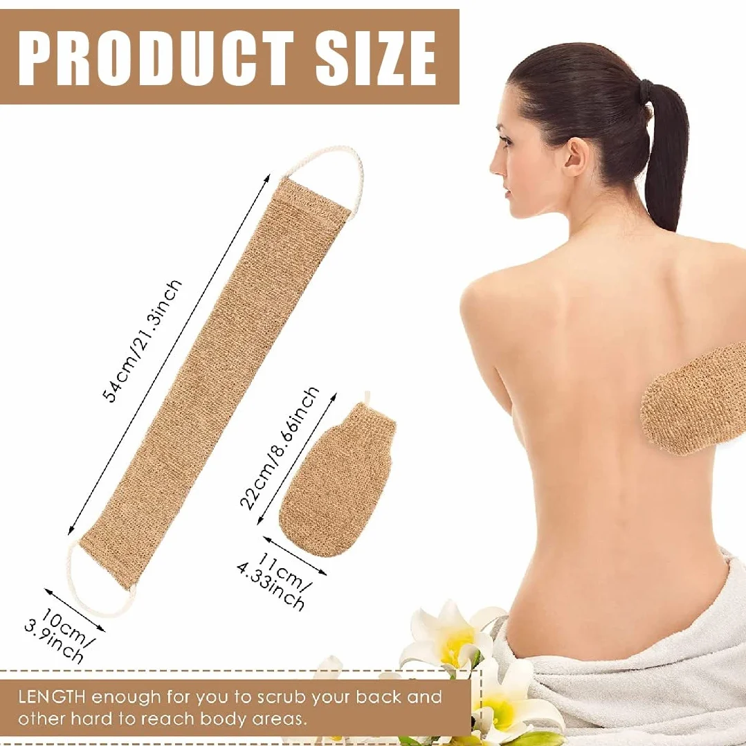 Sangle Lave Dos Eponge Exfoliante Dos Ceinture de Massage avec Gant Exfoliant Chanvre Naturelle pour Corps Femme Homme Bain Douche
