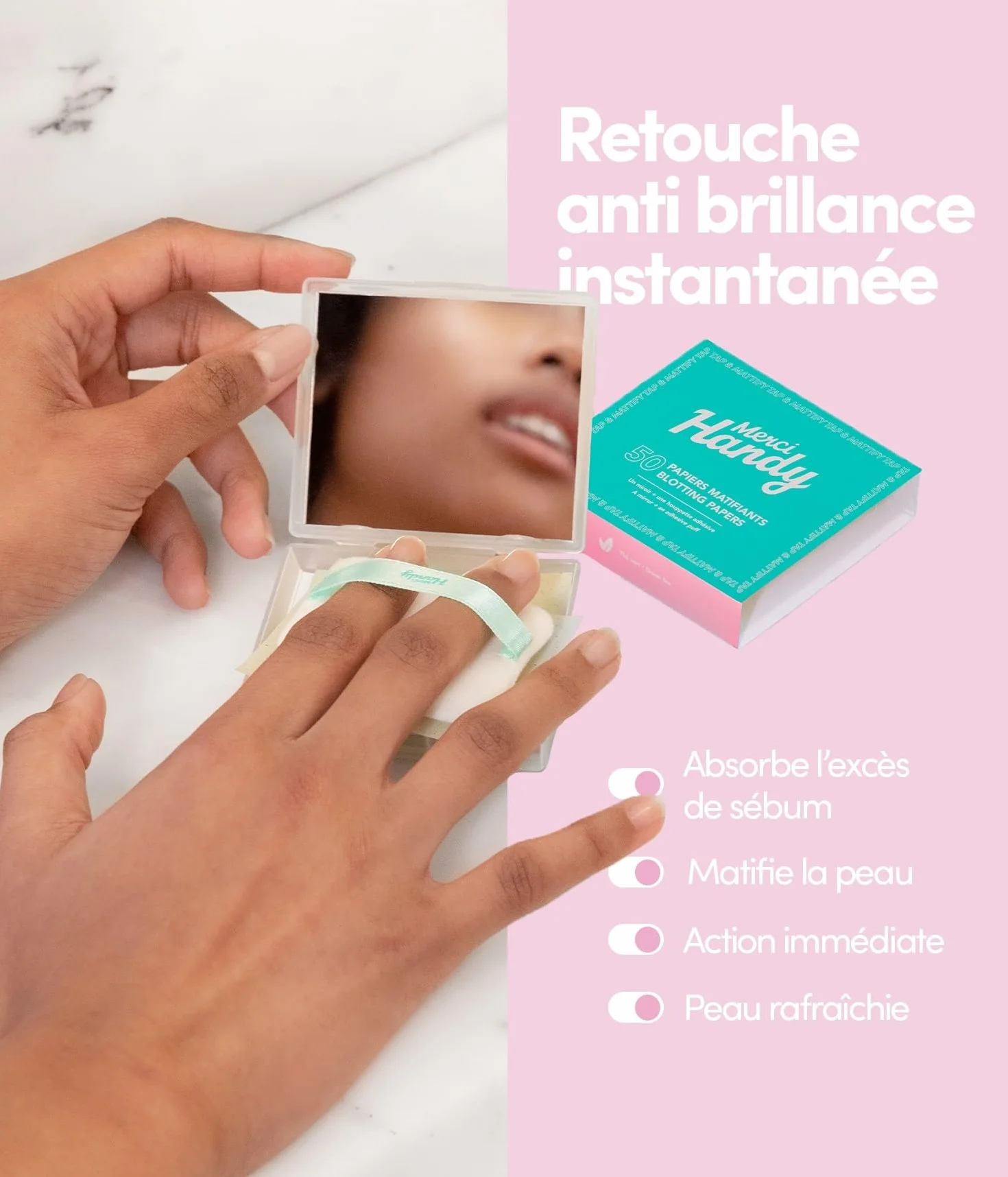 Merci Handy Papiers Matifiants 50 Feuilles Miroir Houppette Retouche Quotidienne Absorption Instantanée