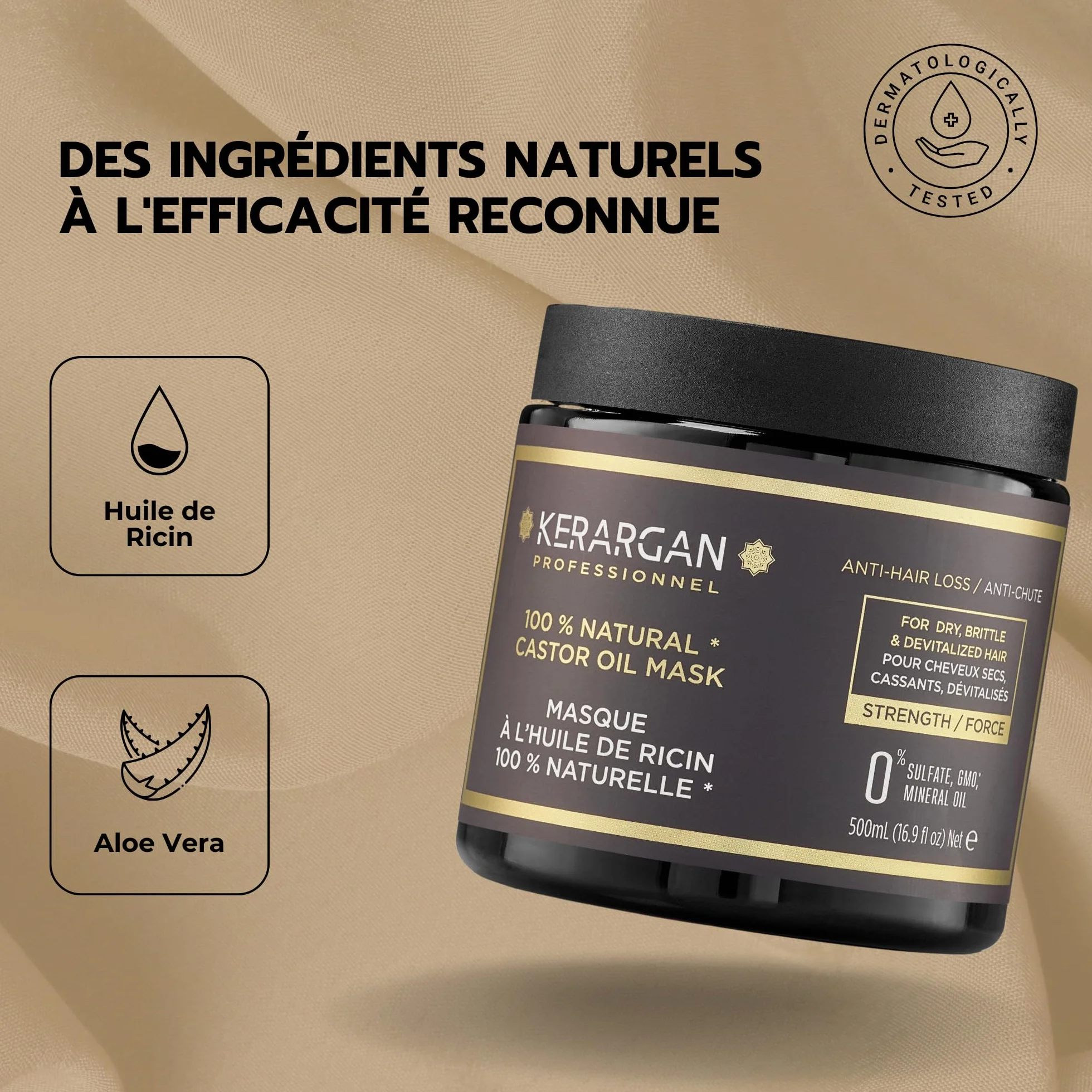 Kerargan Masque Capillaire Anti-Chute à l'Huile de Ricin Soin Intensif Cheveux Secs Cassants 500ml