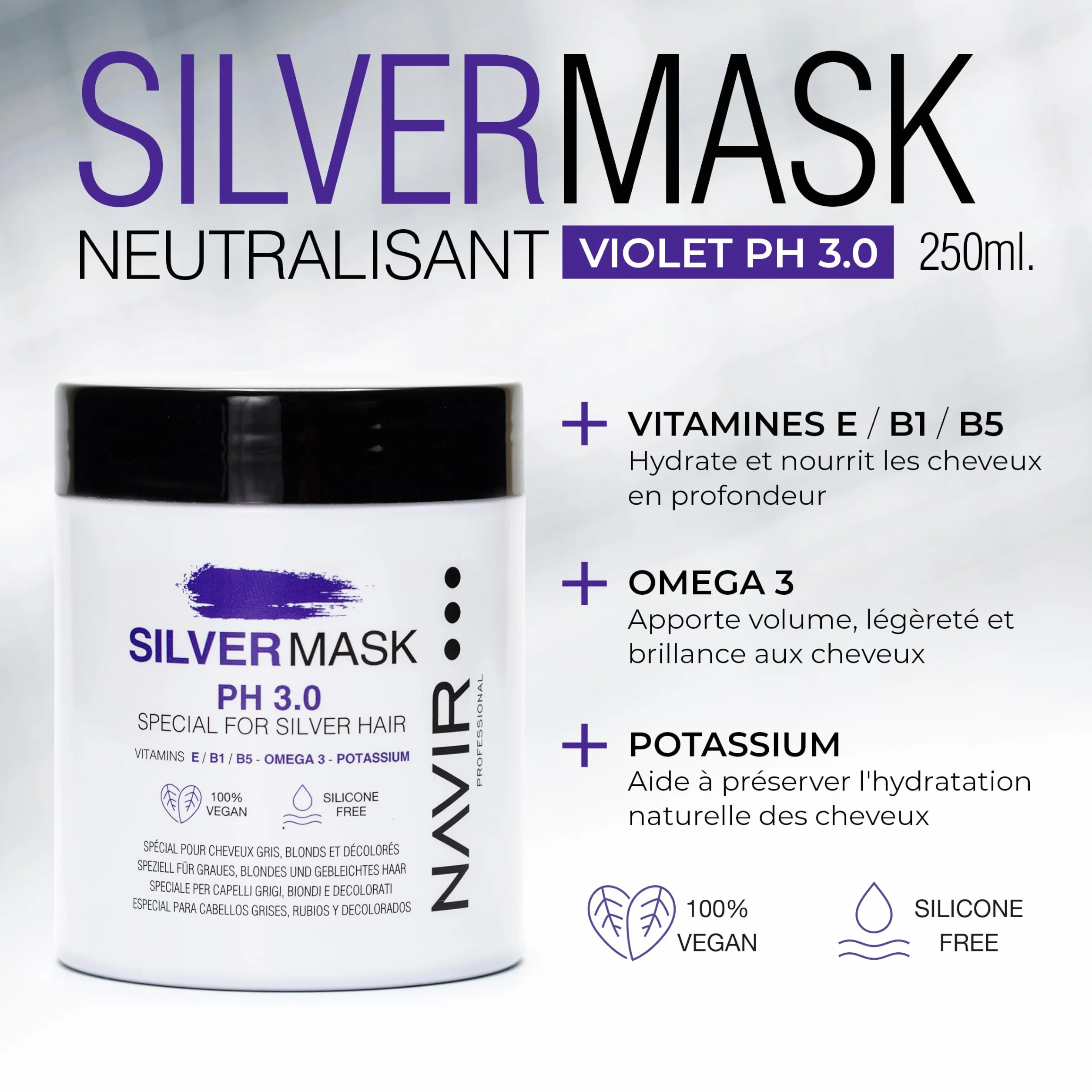 NAVIR Silver Traitement déjaunisseur professionnel pour cheveux blonds, décolorés, méchés, blancs et gris | Shampooing 300 ml + Masque 250 ml