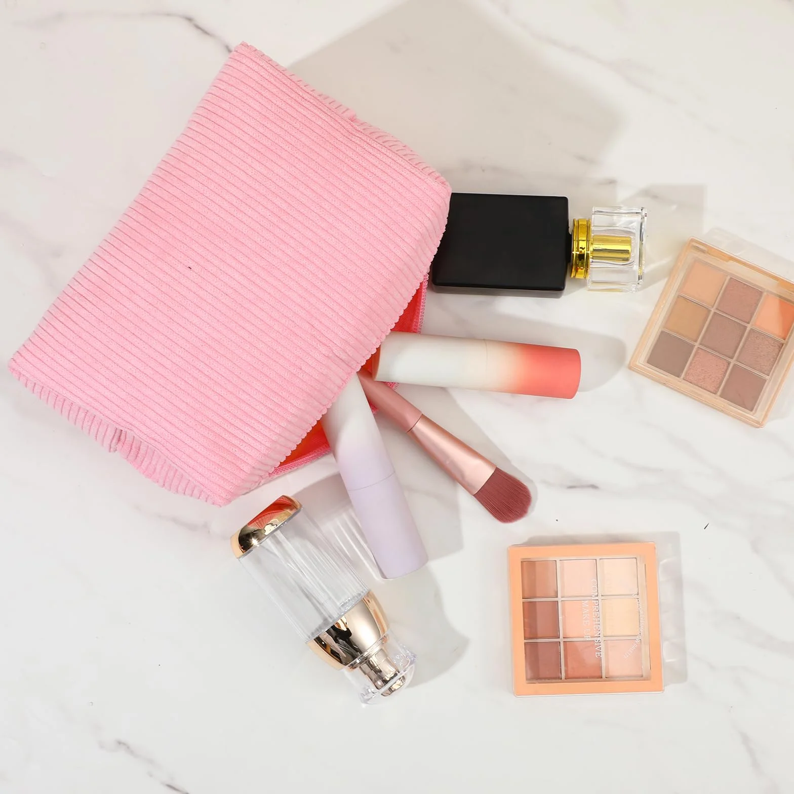 Petite trousse de maquillage pour femme - Fermeture éclair - Grande capacité - Accessoire de voyage - Multifonction, Rose