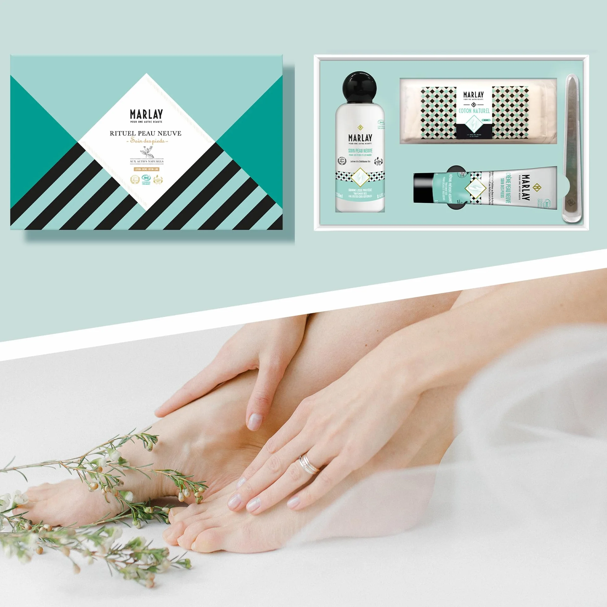 Marlay Cosmetics Coffret Rituel Peau Neuve Lotion 250 ml & Crème Pieds Hydratante Anti-transpirante Anti-échauffements Chélidoine Bio 99% Origine Naturelle