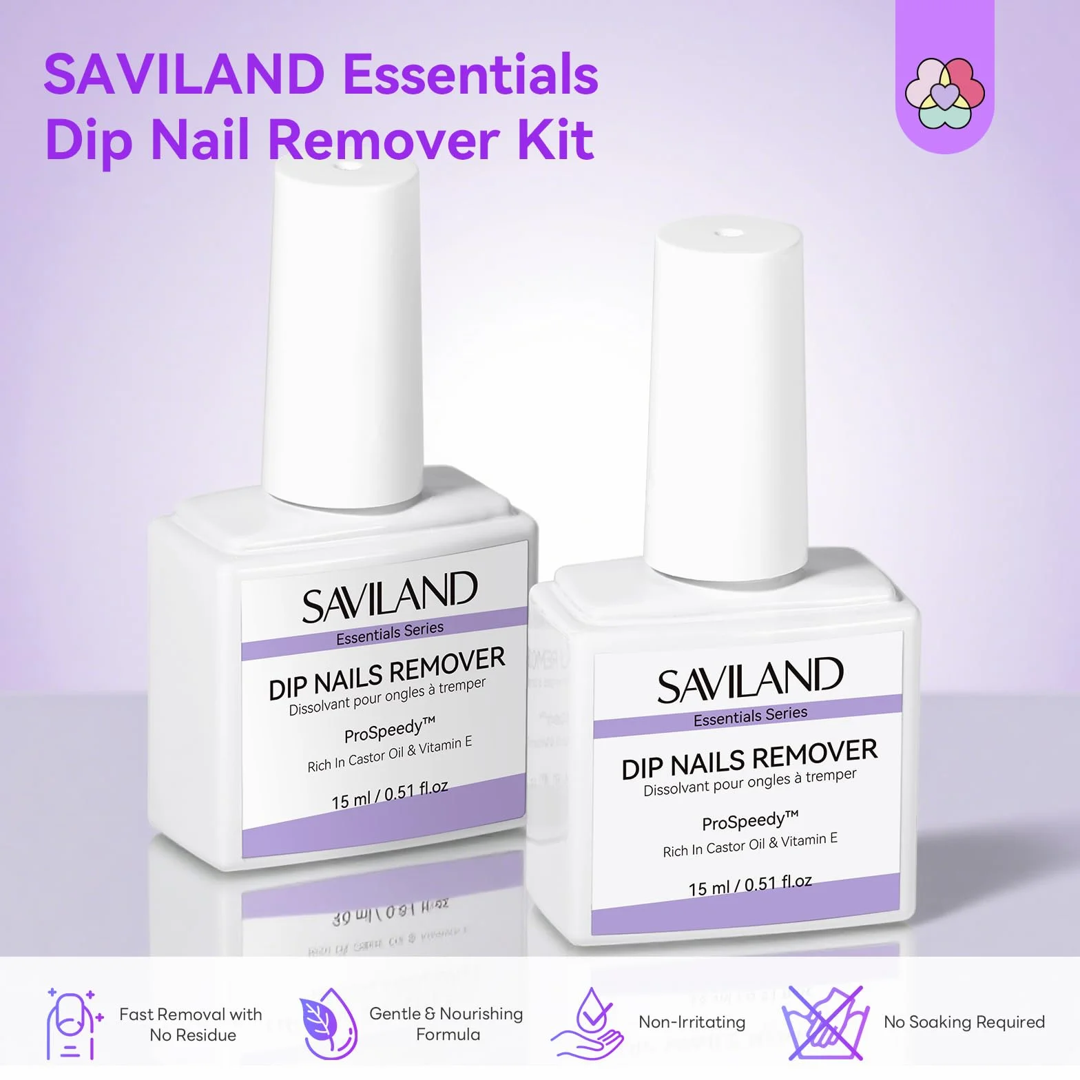 SAVILAND Dissolvant pour Ongles en Poudre Dip 2 Flacons Pro Retrait Rapide avec Huile Cuticule et Lime