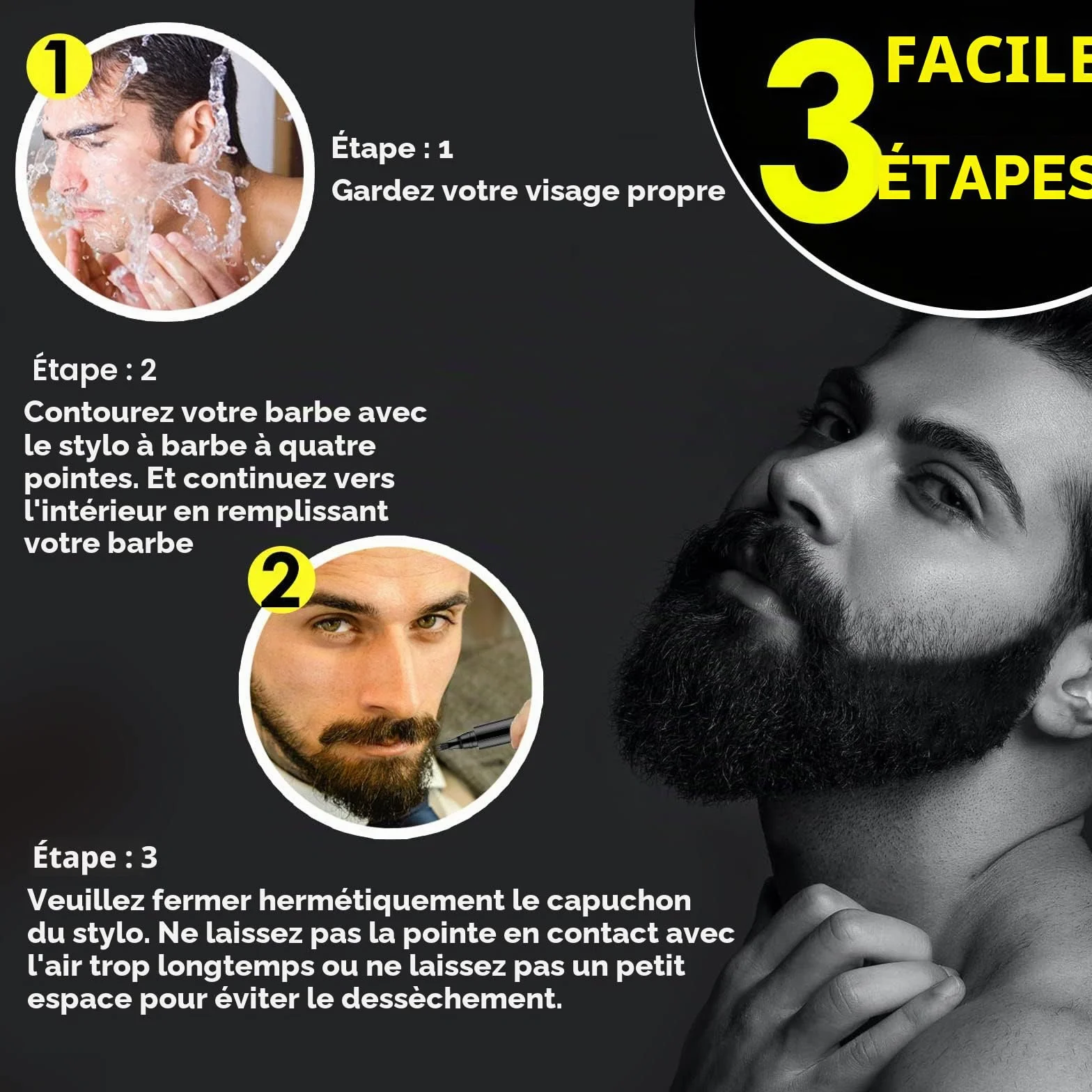 Lot de 2 stylos à barbe noirs naturels, imperméables, longue durée pour barbe et sourcils