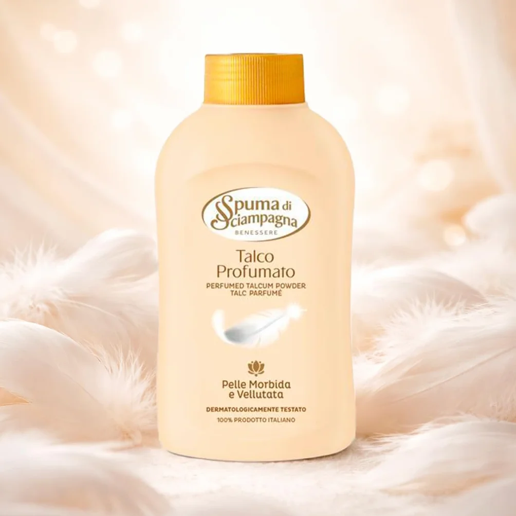 Spuma di Sciampagna Talco Profumato 200 g Talc Naturel Parfum Aromathérapique Rose Lavande Vanille Made in Italy
