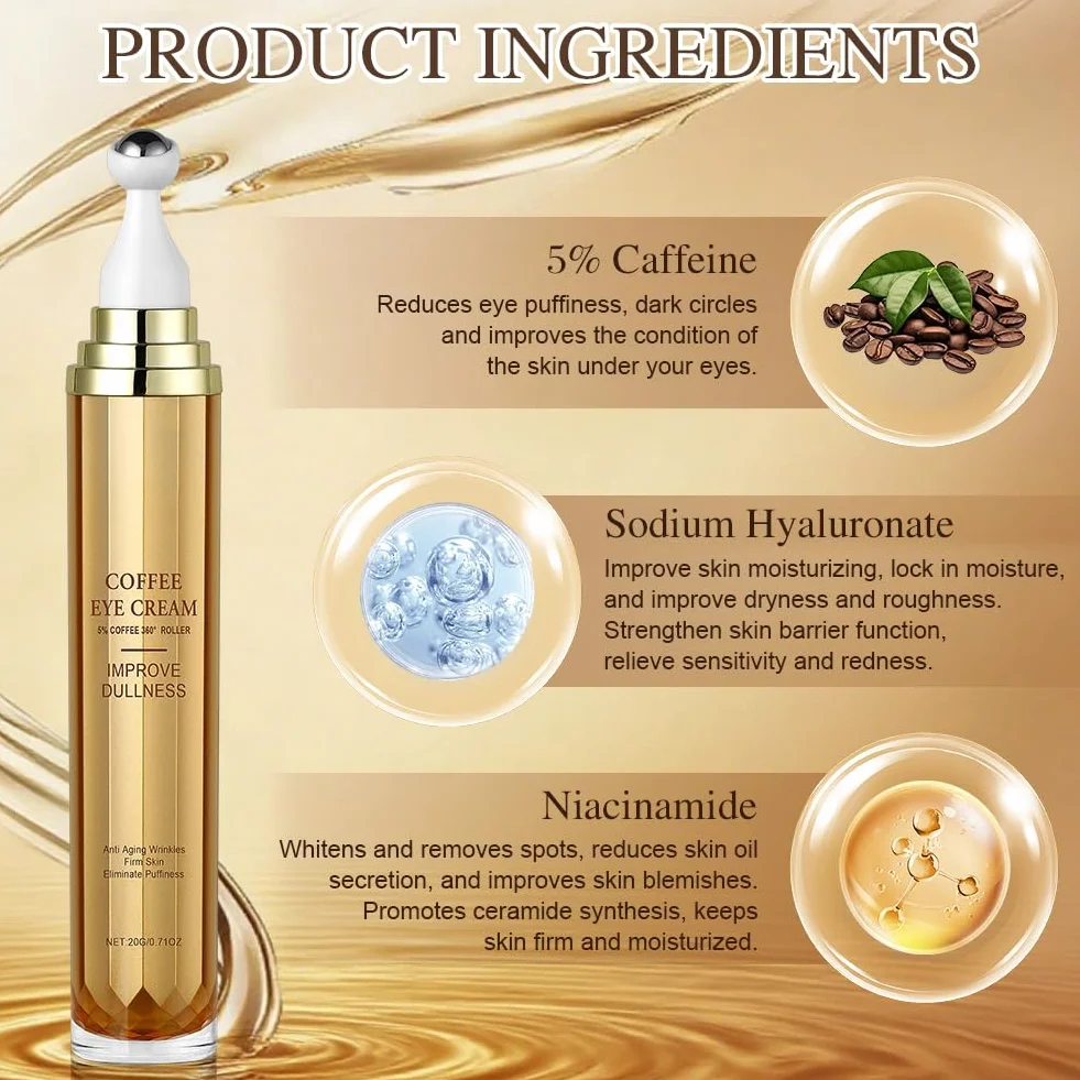 Sérum Crème Yeux à La Caféine 360° Ice Rolling Sphere Anti-Cernes & Rides 5% Caféine Acide Hyaluronique Niacinamide Peptides Hydratation 72h Contour des Yeux
