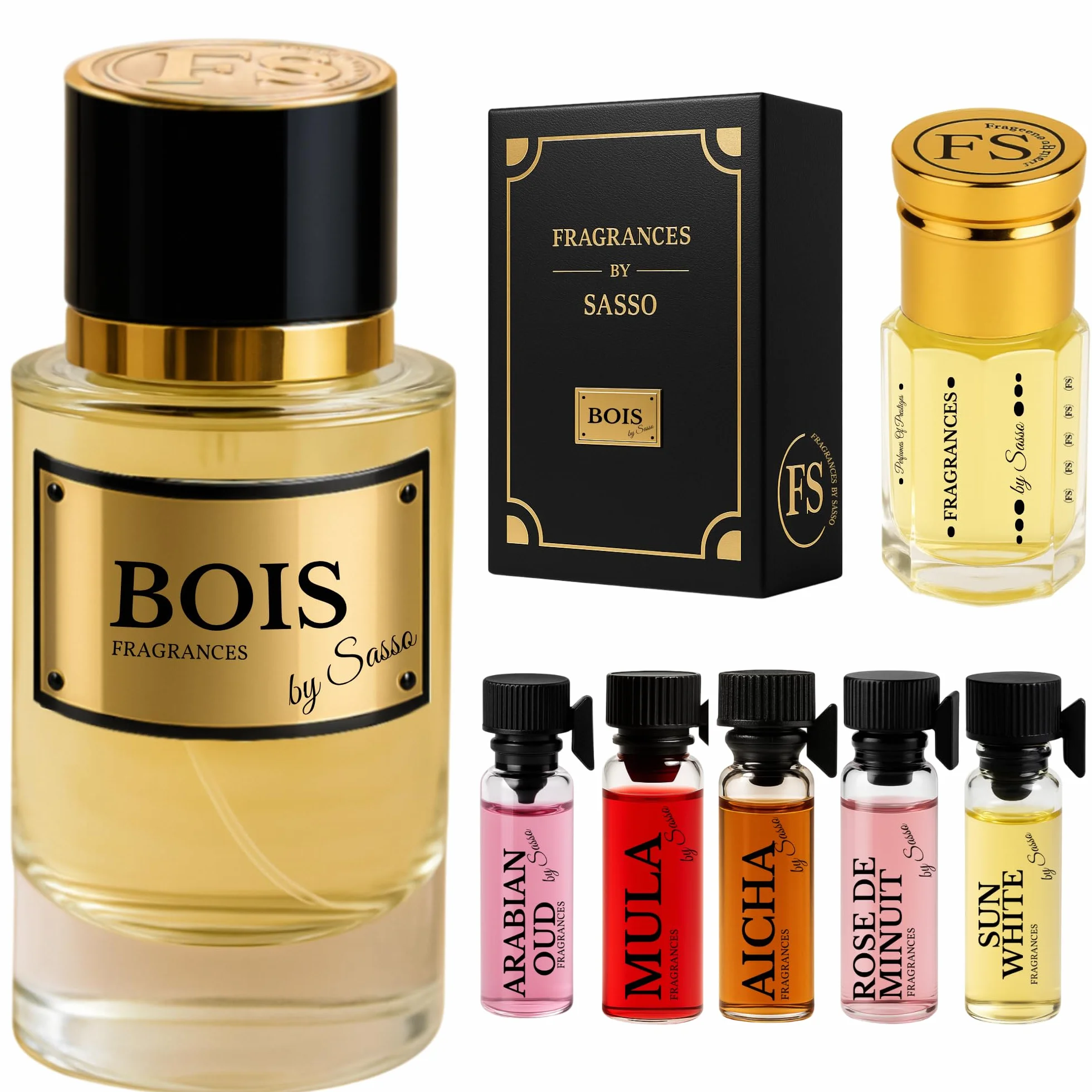 Parfum BOIS Intense – FRAGRANCES BY SASSO – Coffret Luxe – Extrait De Parfum 50 ml + Musc 3 ml + 5 Échantillons OFFERTS – Coffret Cadeau Homme – Collection Privée