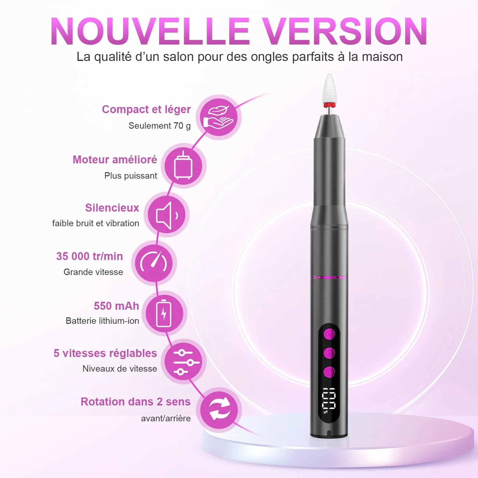 POFIBO Ponceuse pour Ongles Professionnel - 12 en 1 Lime a Ongle Electrique 35000RPM avec LCD écran Numérique, sans fil, 5 vitesses réglables - Kit de Manucure Pédicure Rechargeable Vitesse