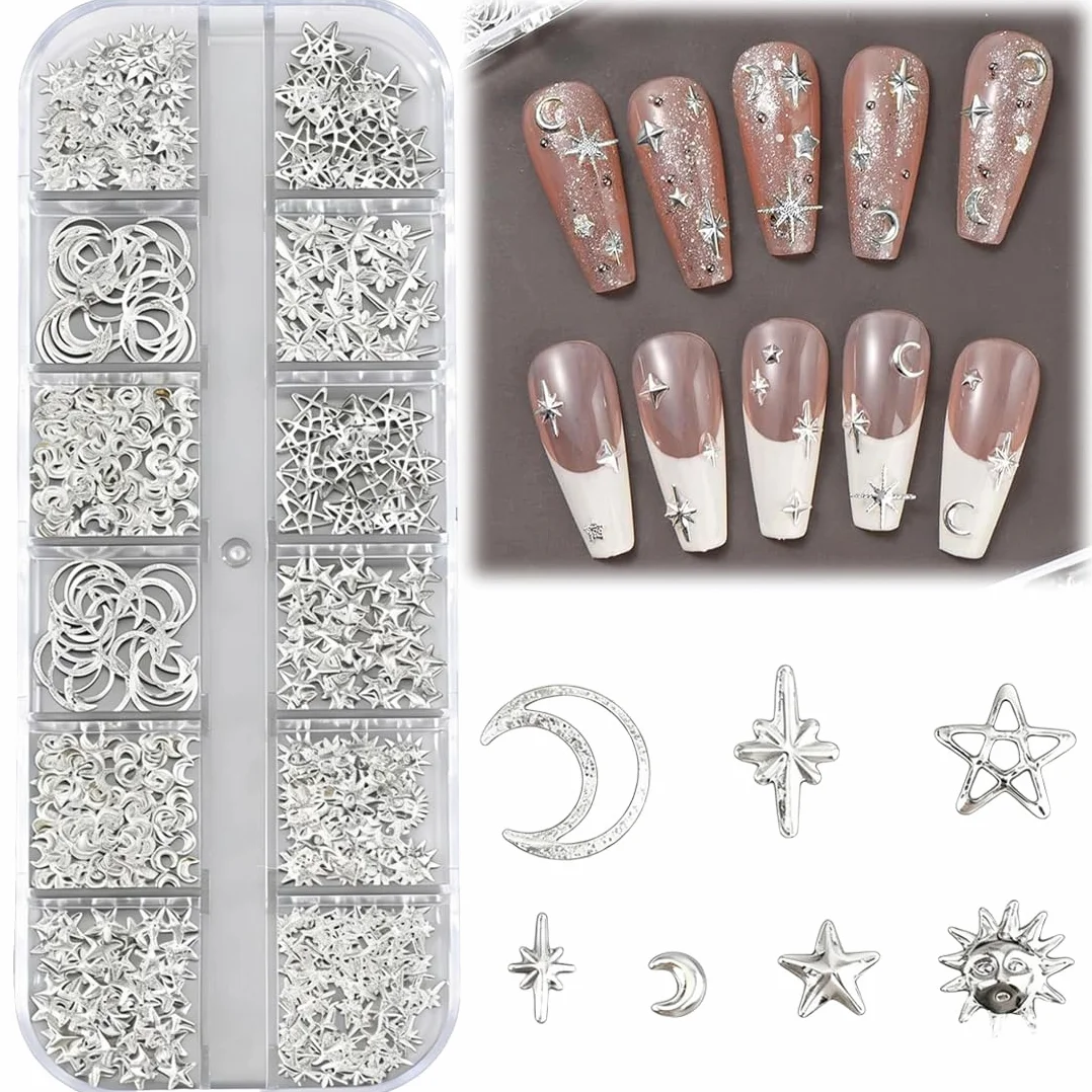 Boîte de Breloques Étoiles et Lune pour Nail Art 3D en Métal - Strass Ongle Nail Art Accessoires Y2K