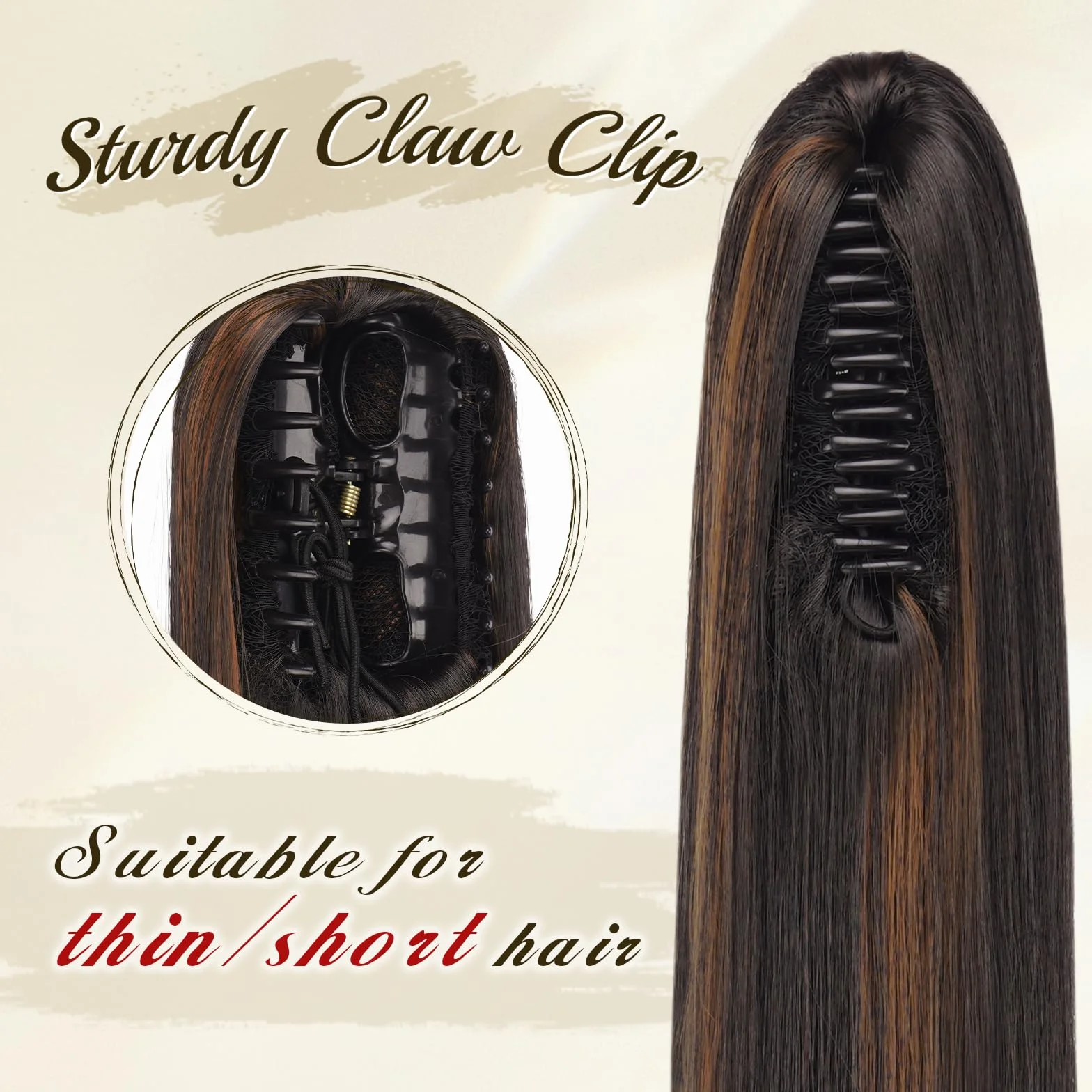 FESHFEN Queue de Cheval Lisse Pince - Postiche Cheveux Naturel Longue Raides Postiches Brun Foncé et Auburn Clair Synthétique Fausse Claw Clip Ponytail Extensions pour Femmes, 63 cm