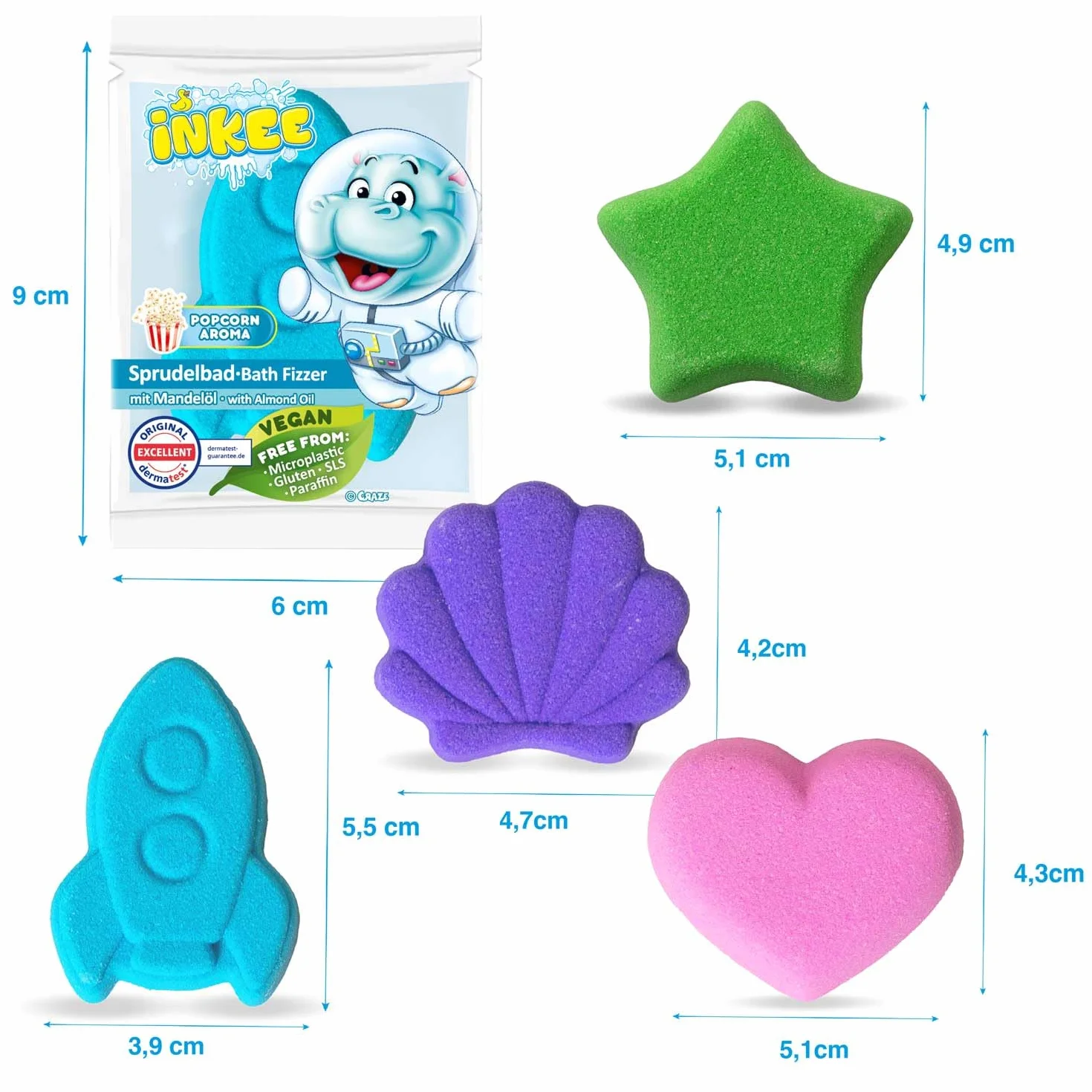 INKEE Bath Fizzer Mix 4x Boules de bain pétillantes à l'huile d'amande douce, Bombe de bain enfant 4x 20g