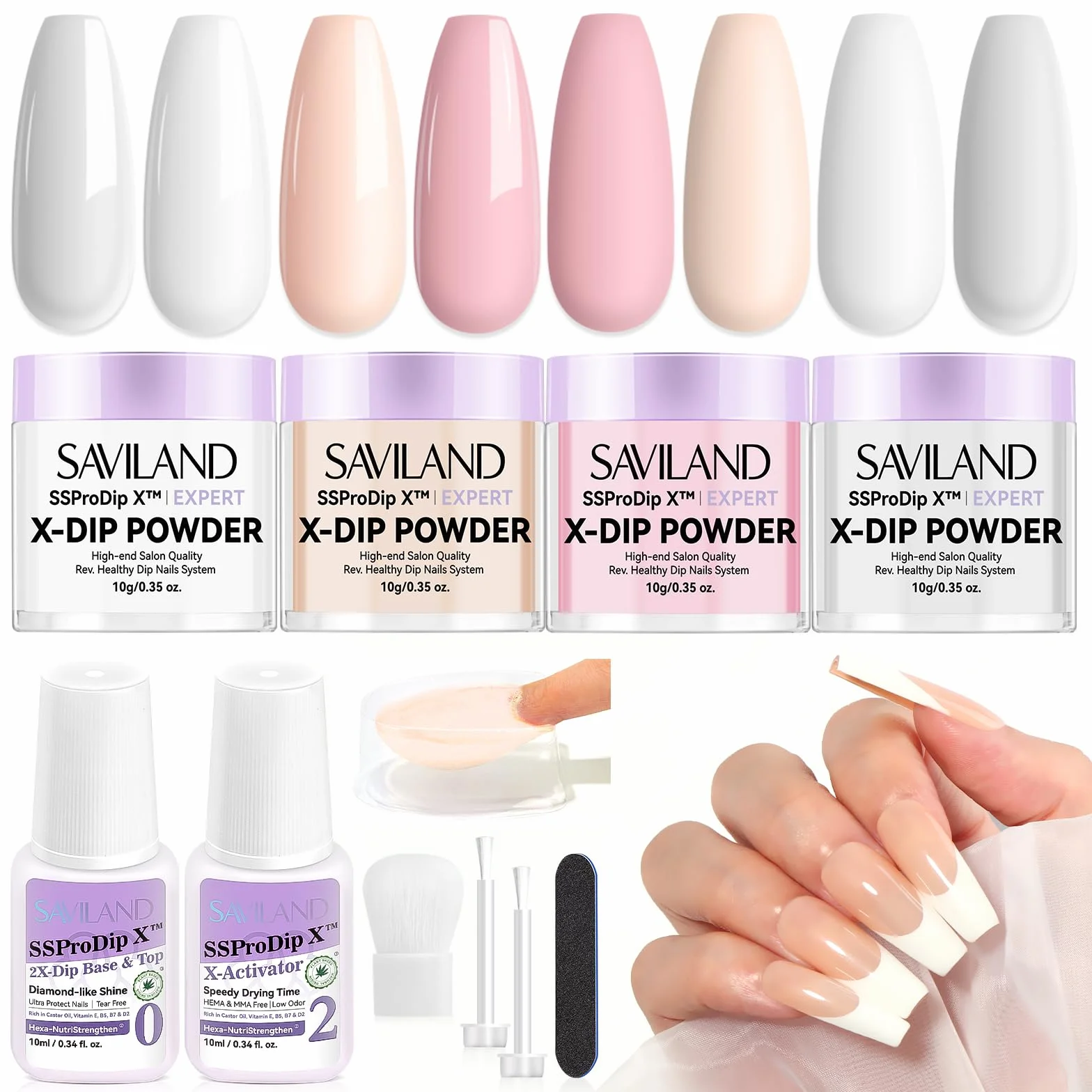SAVILAND Kit Dipping Powder Professionnel Démarrage Ongles 4 Couleurs Claire Blanc Rose Nudes Base Activateur Top Coat