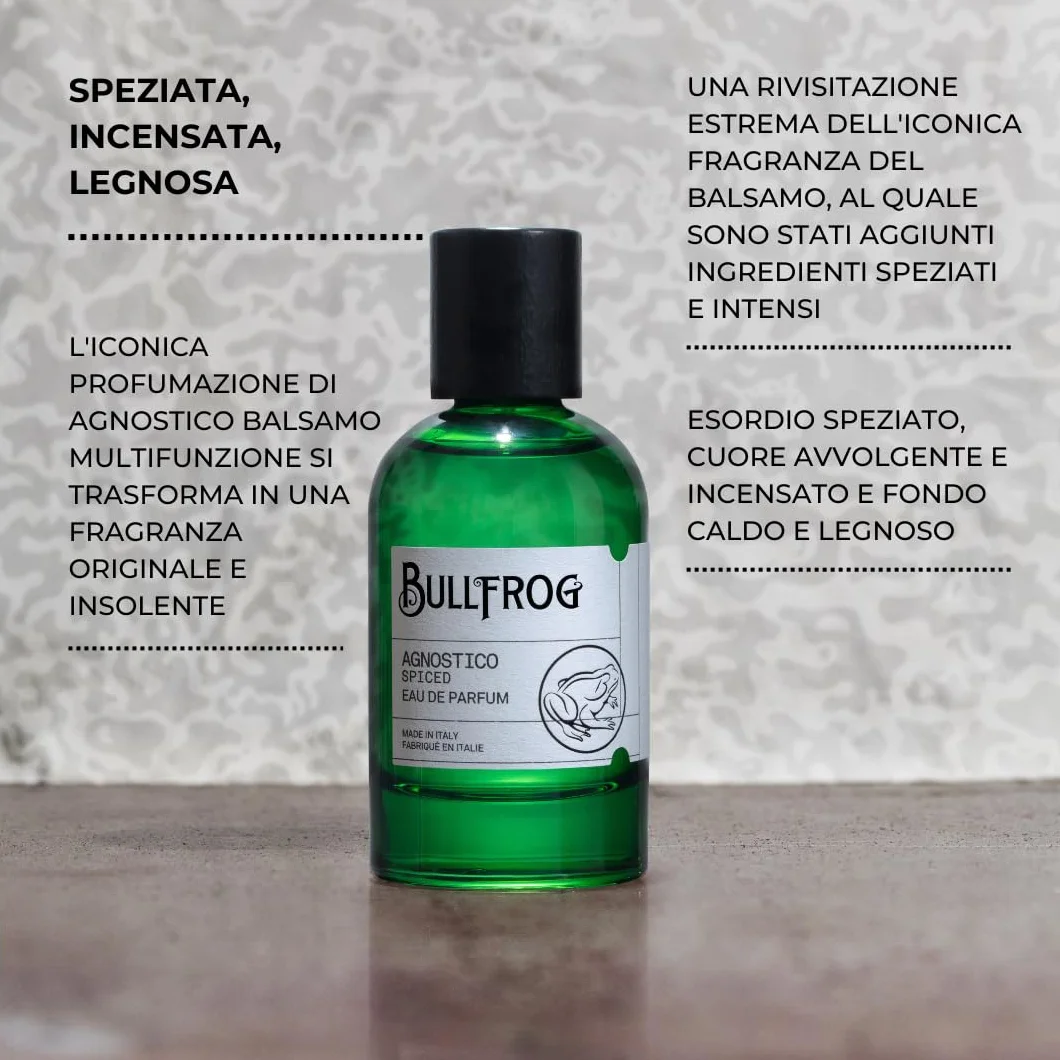 Bullfrog Eau de Parfum Agnostico Spiced 100 ml – Parfum pour Homme, Notes de Poivre Rose, Thym, Anis Étoilé, Bois de Cèdre et Gaïac, Fabriqué en Italie