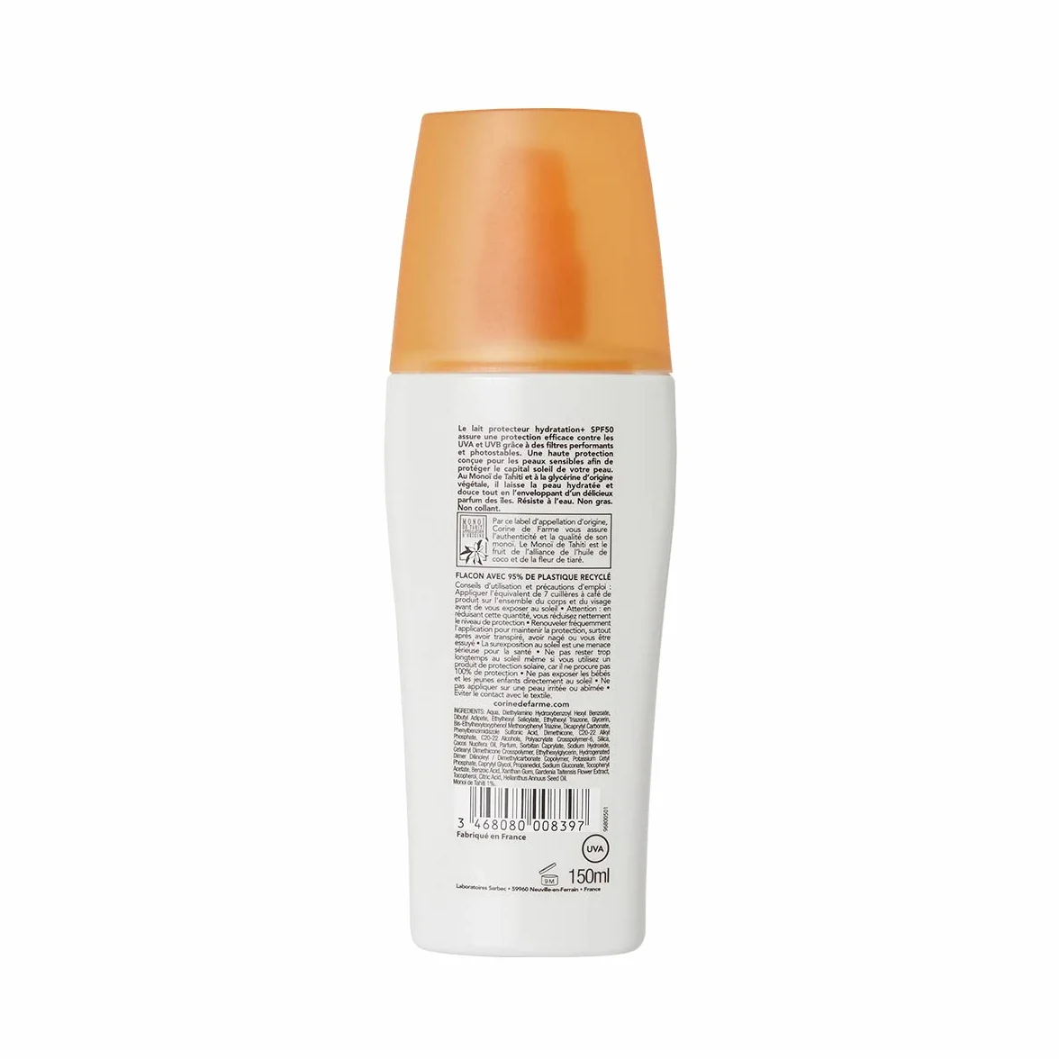 Corine de Farme Lait Protecteur Hydratation+ SPF50 Protection UVA-UVB Crème Solaire Hydratante Monoï de Tahiti 150 ml