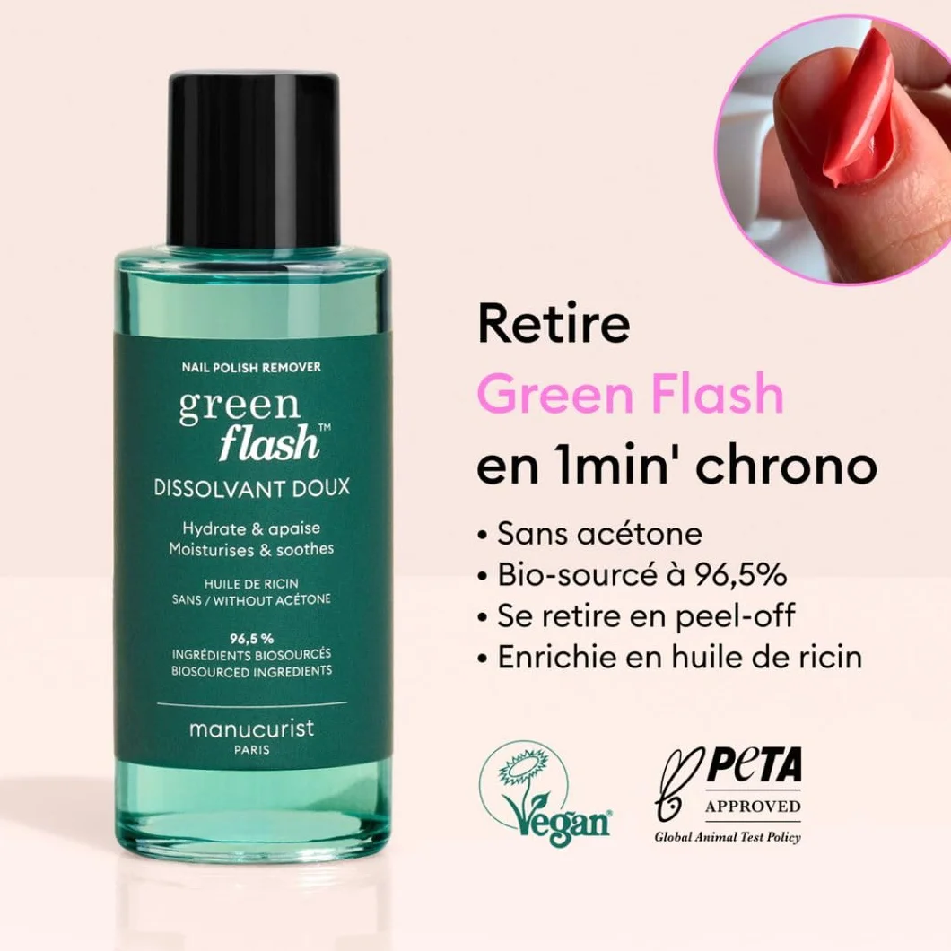 Manucurist Dissolvant Doux Green Flash & Green, Bio-Sourcé, Huile de Ricin, sans Acetone, 100 ml