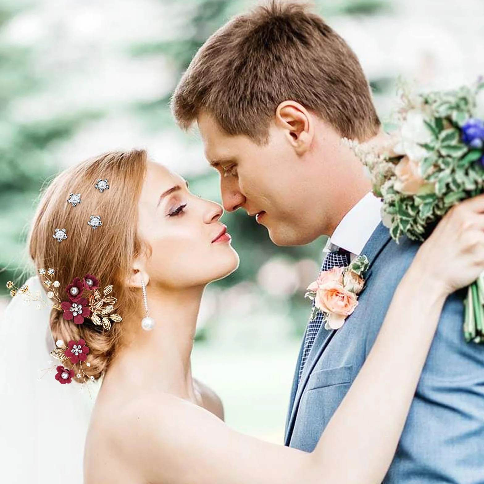 Cinaci Lot de 18 épingles à cheveux en fleur pour mariée, fête de mariage, bal de fin d'année, perles et strass bordeaux, torsion de fleurs, coiffe pour mariées et demoiselles d'honneur
