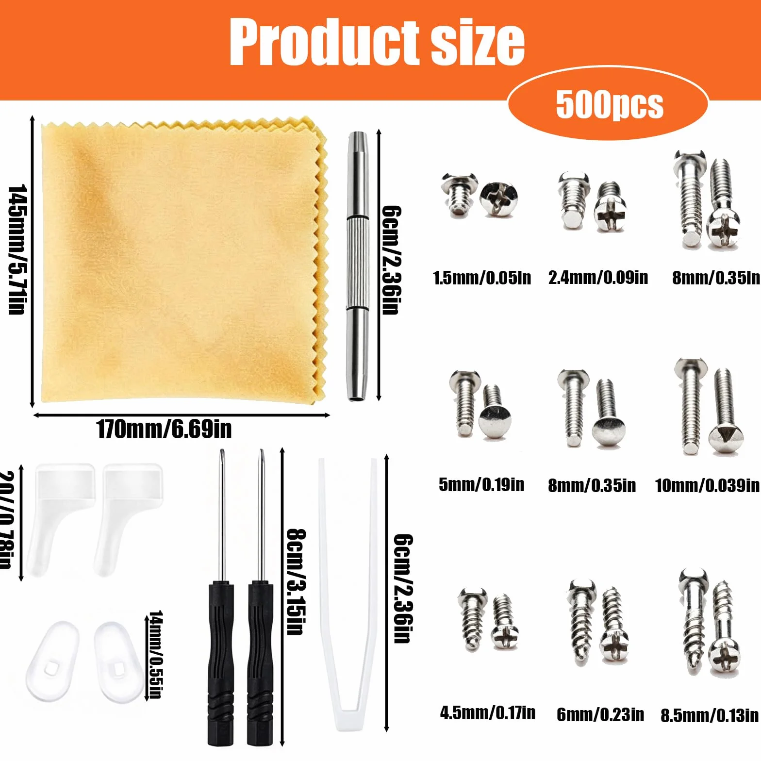 Kit Réparation Lunettes 500 Pièces Vis Inox Tournevis Opticien Plaquettes Silicone