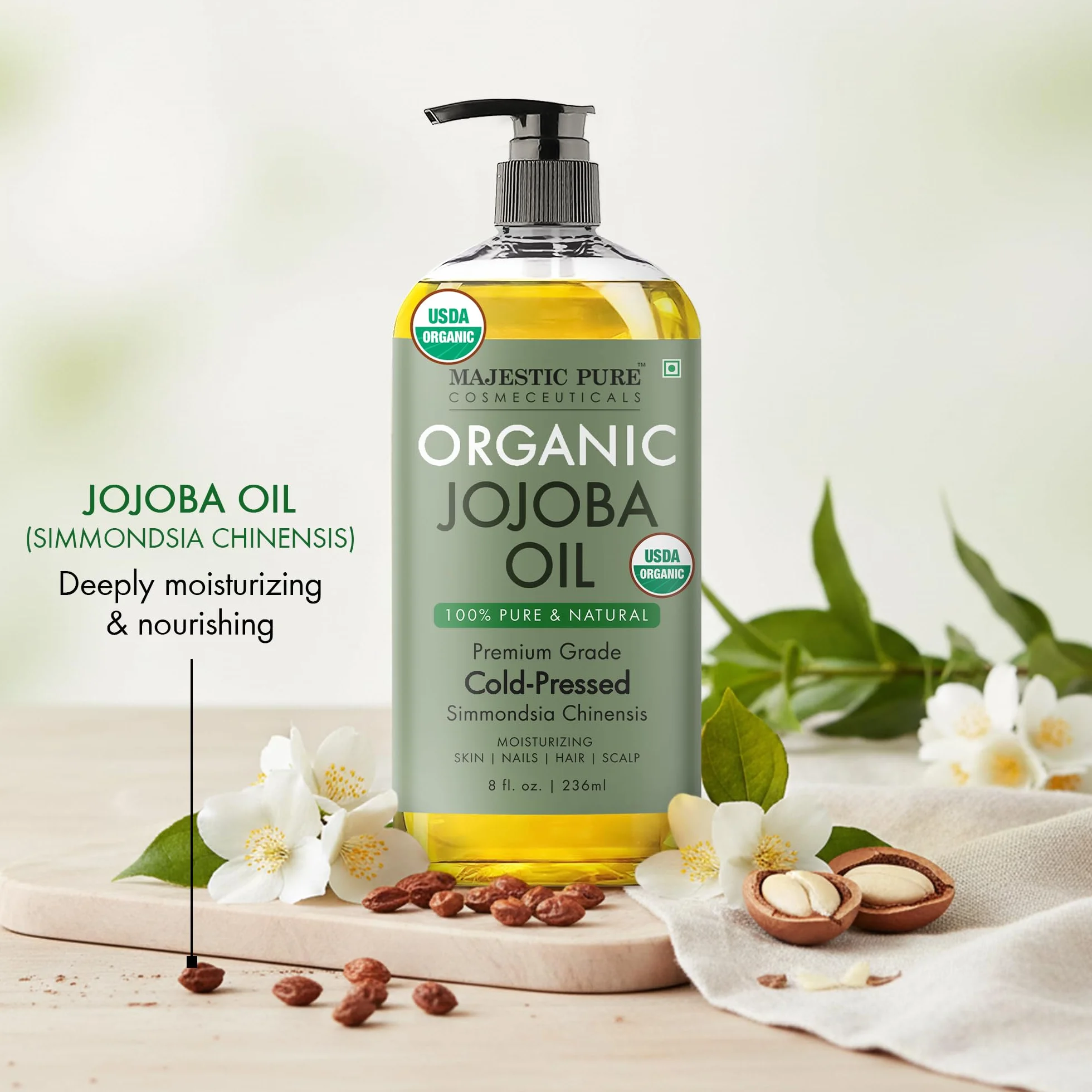 Huile de Jojoba Biologique Certifiée USDA Majestic Pure 237 ml - Huile Corporelle Naturelle 100% Pure, Pressée à Froid