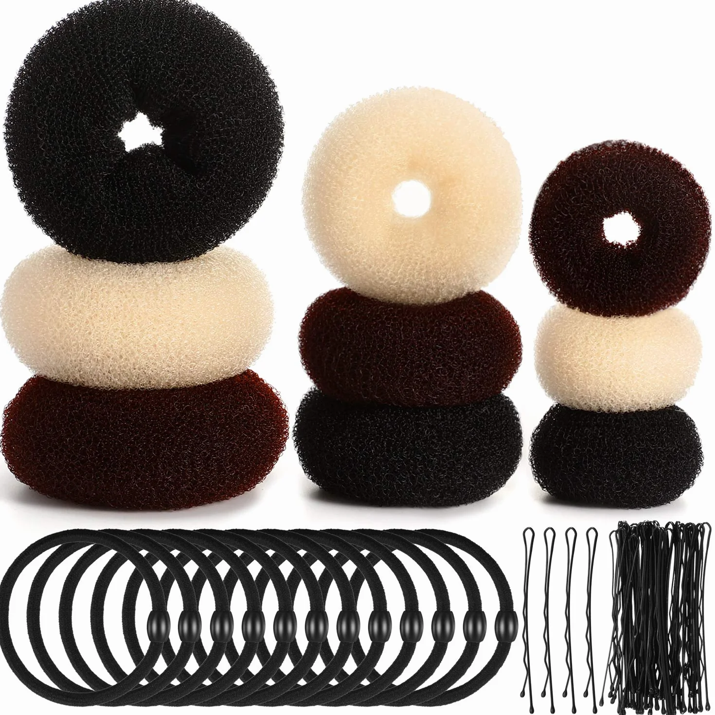9 Pièces Donut Bun Maker Fabricant de Chignon de Cheveux Ensemble de Bun Maker Chignon de Style Anneau avec 12 Pièces Bandes Élastiques Cheveux et 32 Pièces Épingles à Cheveux (Noir, Marron, Beige)