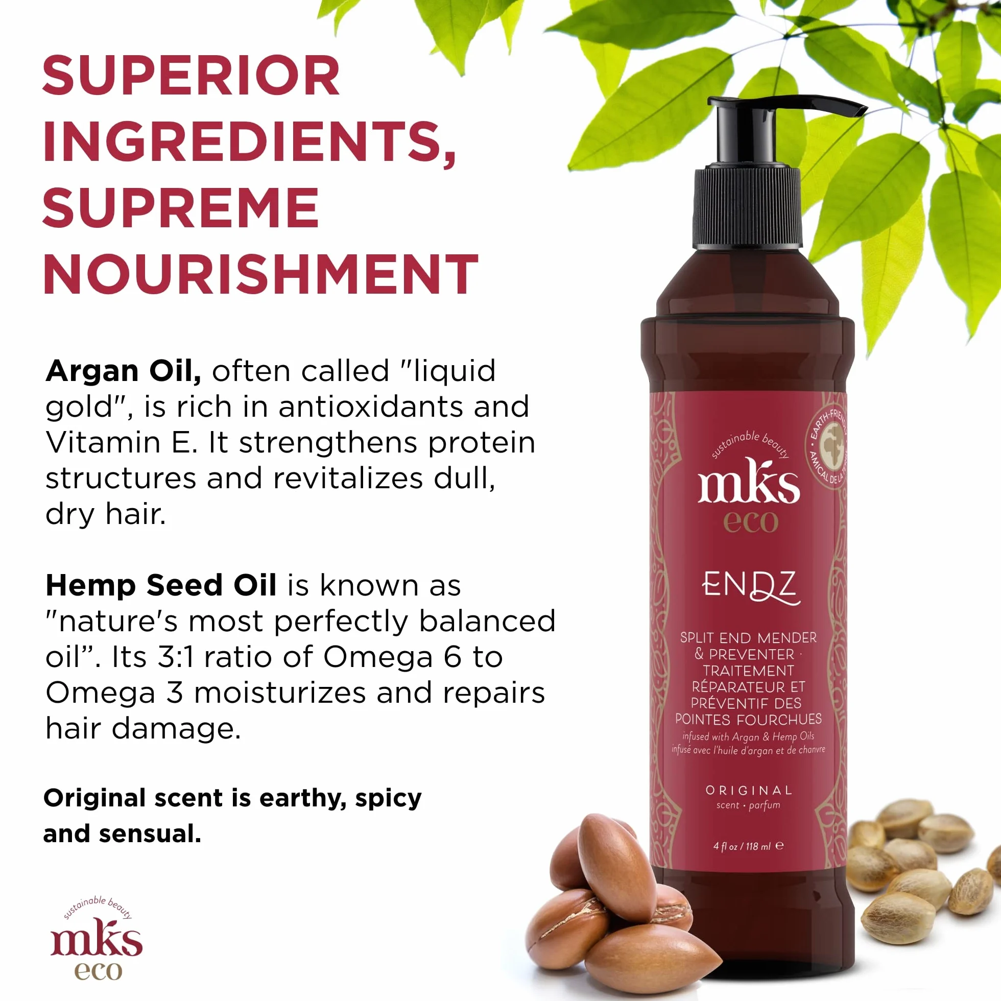 MKS eco Endz, Senteur Originale - 4 fl oz - Soin et prévention des pointes fourchues - Huile d'Argan du Maroc, Huile de Graines de Chanvre - Vegan et non testée sur les animaux