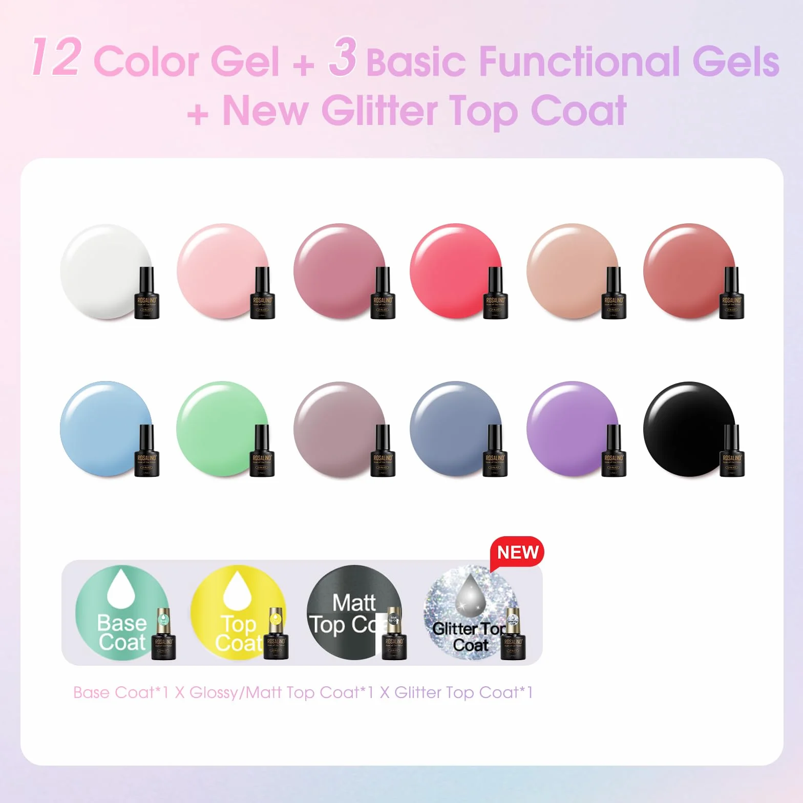 ROSALIND Kit Vernis Semi Permanent avec UV LED Lampe, 12+4 PCS Blanc Rose Bleu Vert Violet Couleurs Vernis Gel, Kit Ongle Gel UV Manucure Cadeau pour Débutant Démarrage