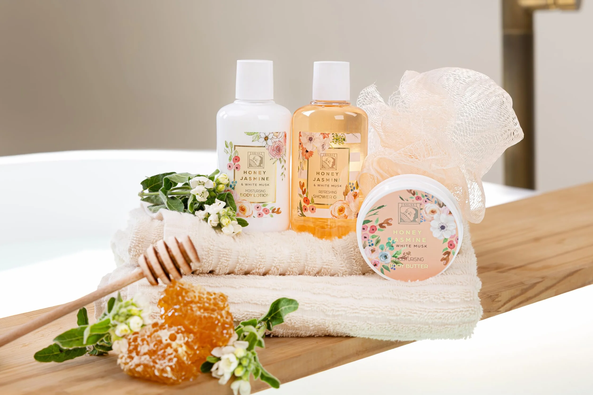 Accentra Set cadeau de douche HONEY JASMINE 4 pièces gel douche lotion beurre corps