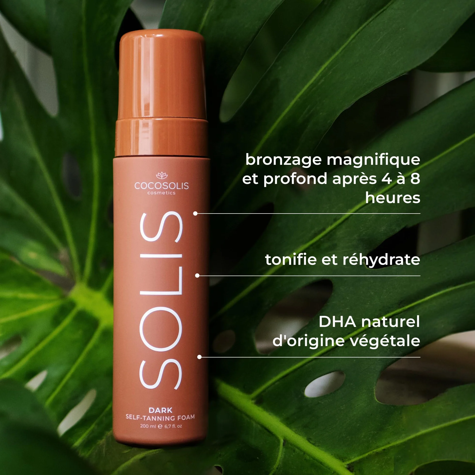 COCOSOLIS SOLIS Dark autobronzant foncée visage et corps, mousse pour un bronzage riche, naturel et longue durée, au DHA végétal (200 ml)