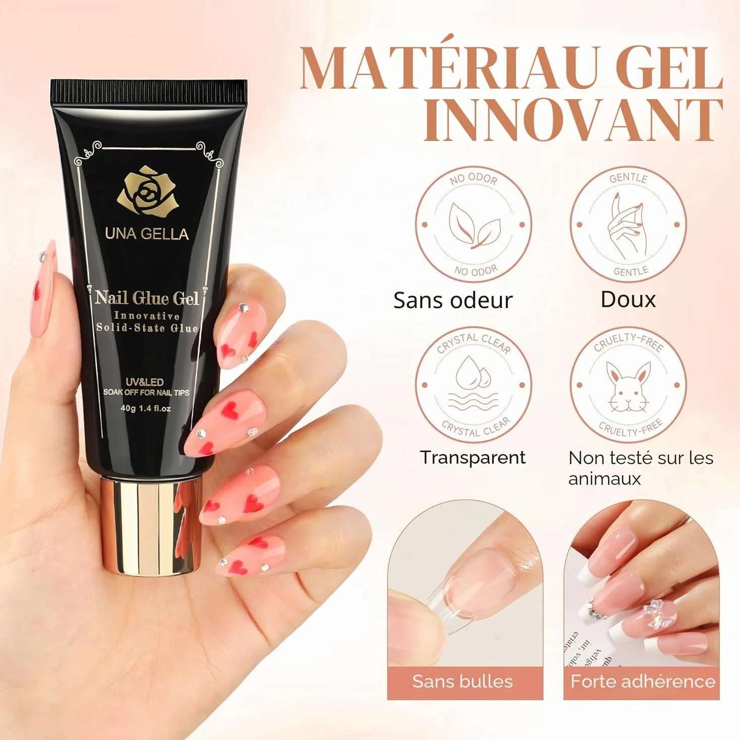 UNA GELLA Colle Faux Ongles Gel Solide 40ml Super Forte UV LED Soak Off