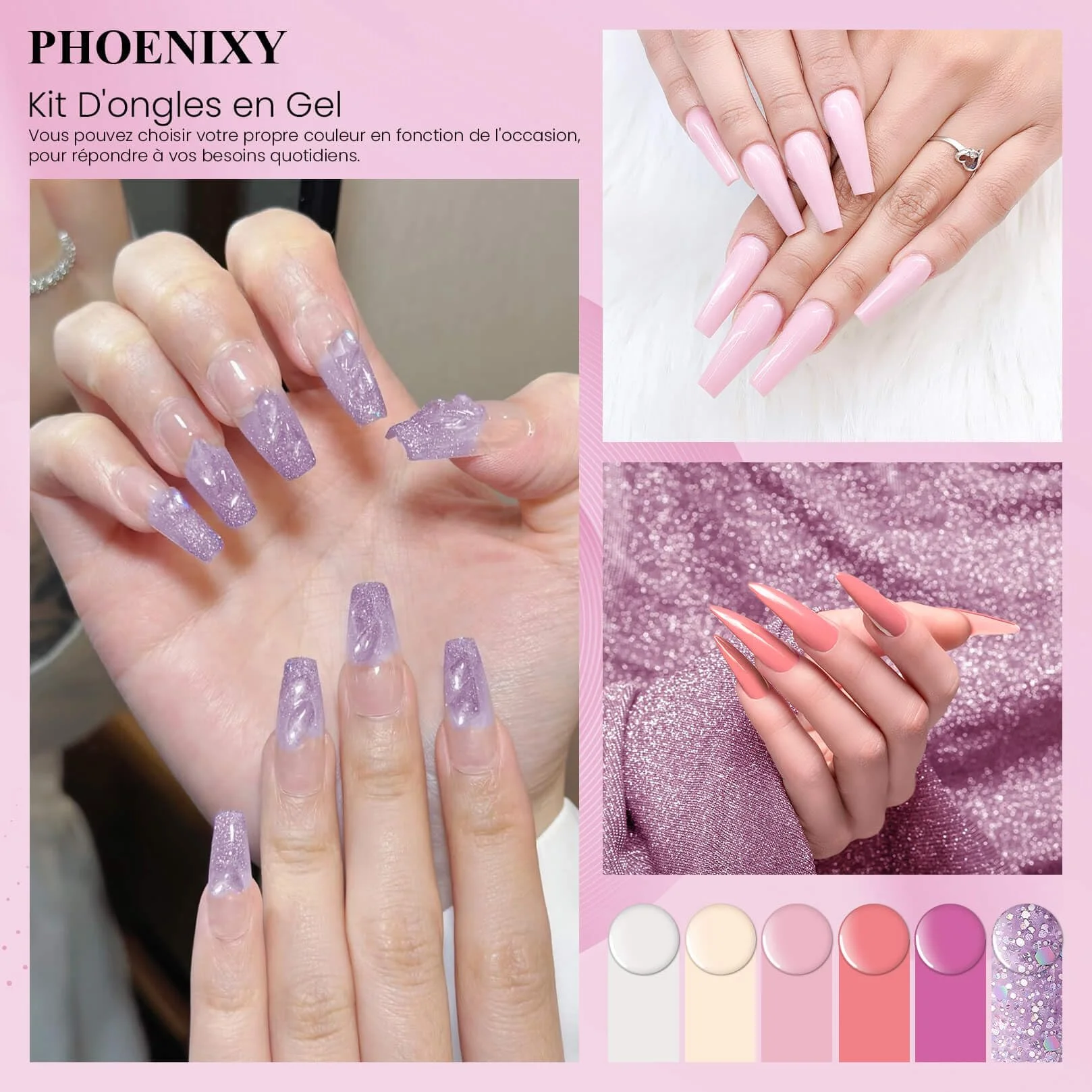 Kit Ongle Gel UV Complet 6 Couleurs 15 ml Rose Nail Art Manucure Débutantes DIY