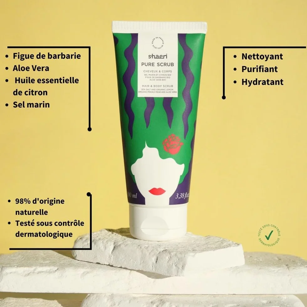 Shaeri – Pure Scrub Détoxifiant Cuir Chevelu & Corps – Gommage Naturel 2-en-1 – Figue de Barbarie, Aloe Vera, Sel Marin, H.E. de Citron – Purifie & Rafraîchit – 98% Naturel, Made in France