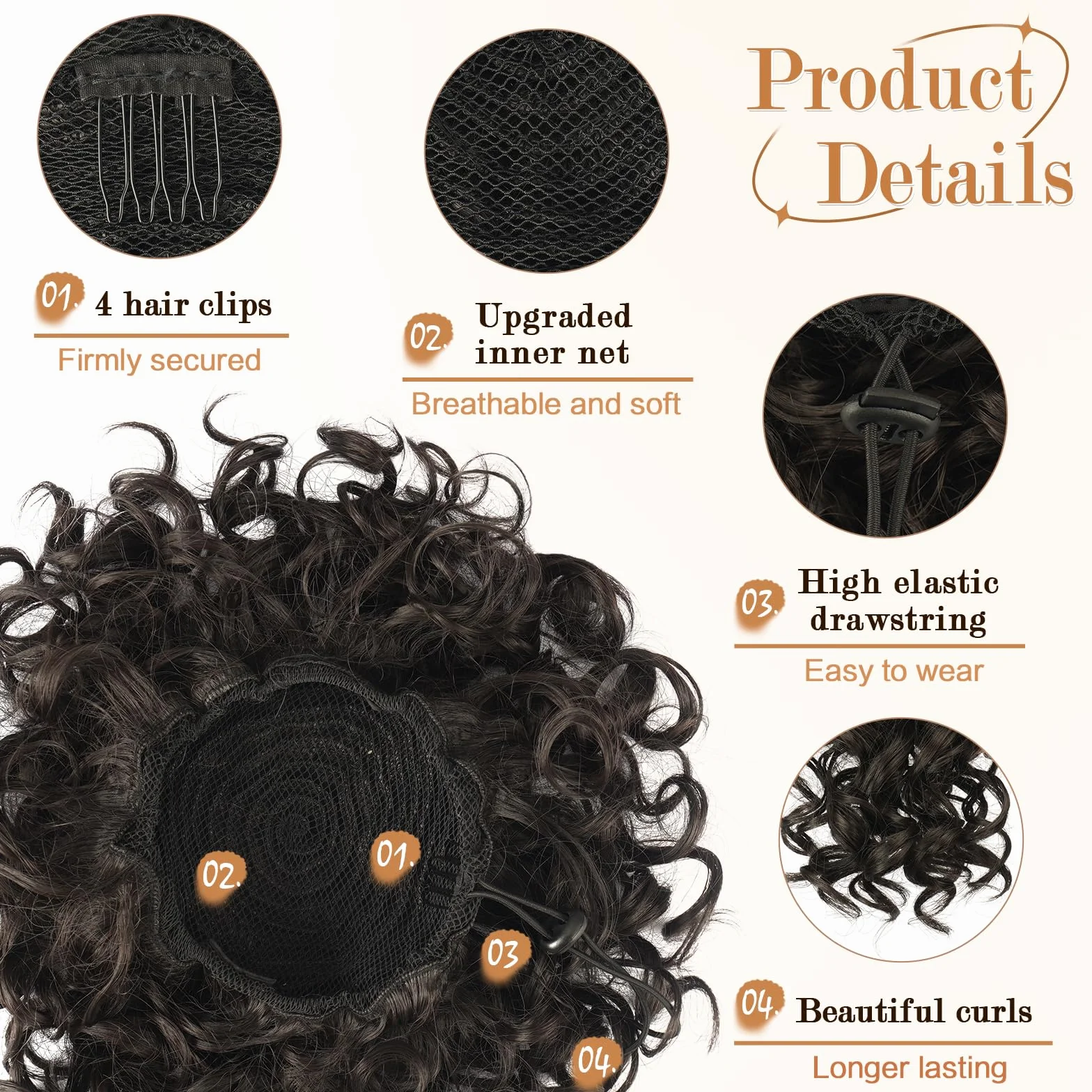 RUWISS Chignon Postiche Cheveux Grande Postiches Bouclés Ondulés Naturel Synthétique Chouchou Postiche de Cheval Chignon Elastique Cordon de Serrage pour Femmes Fille (80g Noir Marron)