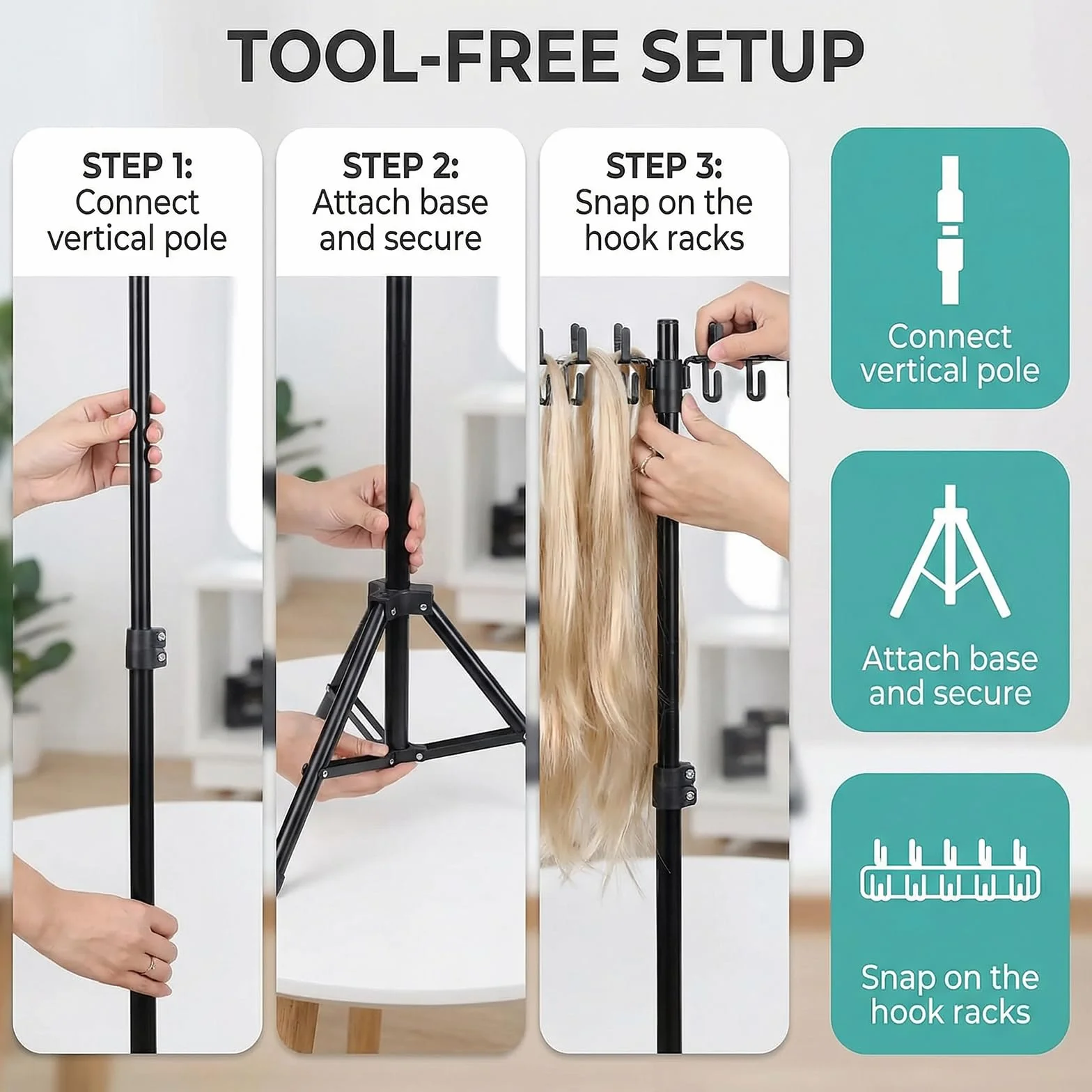 Support de Perruque Réglable avec 144 Crochets, Porte-Extensions de Cheveux pour Tresses et Braids, Support Suspendu à Hauteur Réglable pour Coiffeur et Salon