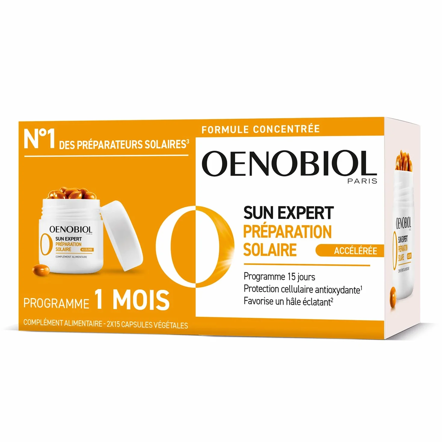 OENOBIOL SUN EXPERT Préparation Solaire Accélérée - Protection Cellulaire Anti-Oxydante - Favorise Un Hâle Intense Et Éclatant - Complément Alimentaire 2X15 Capsules Végétales - Programme 1 Mois