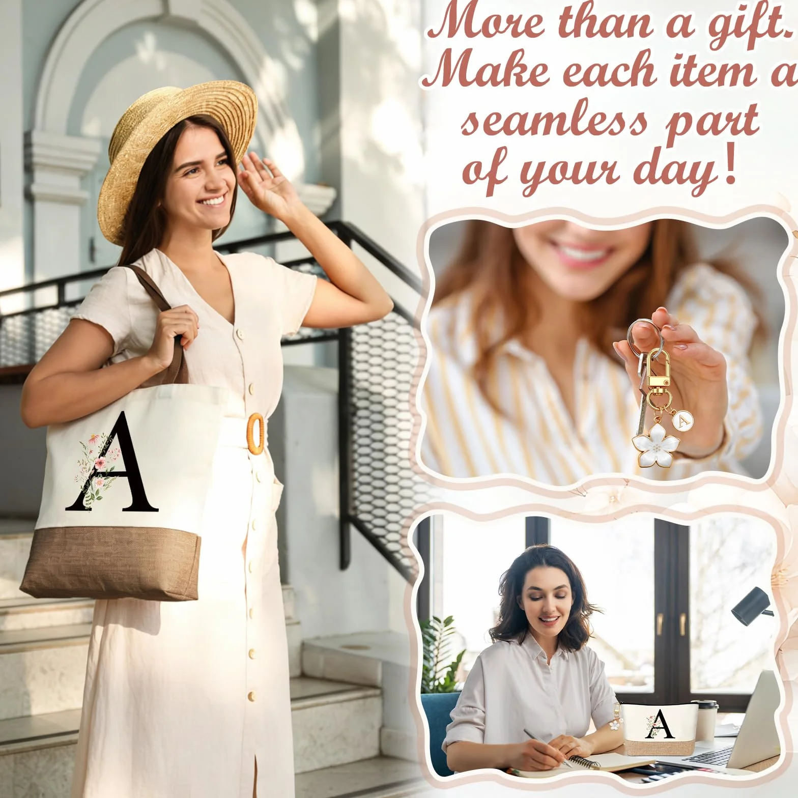 Hestya Set de 3 Cadeaux pour Femme Sac Fourre-Tout Personnalisé Initiale Trousse Maquillage Porte-Clés Lettre (Beige)