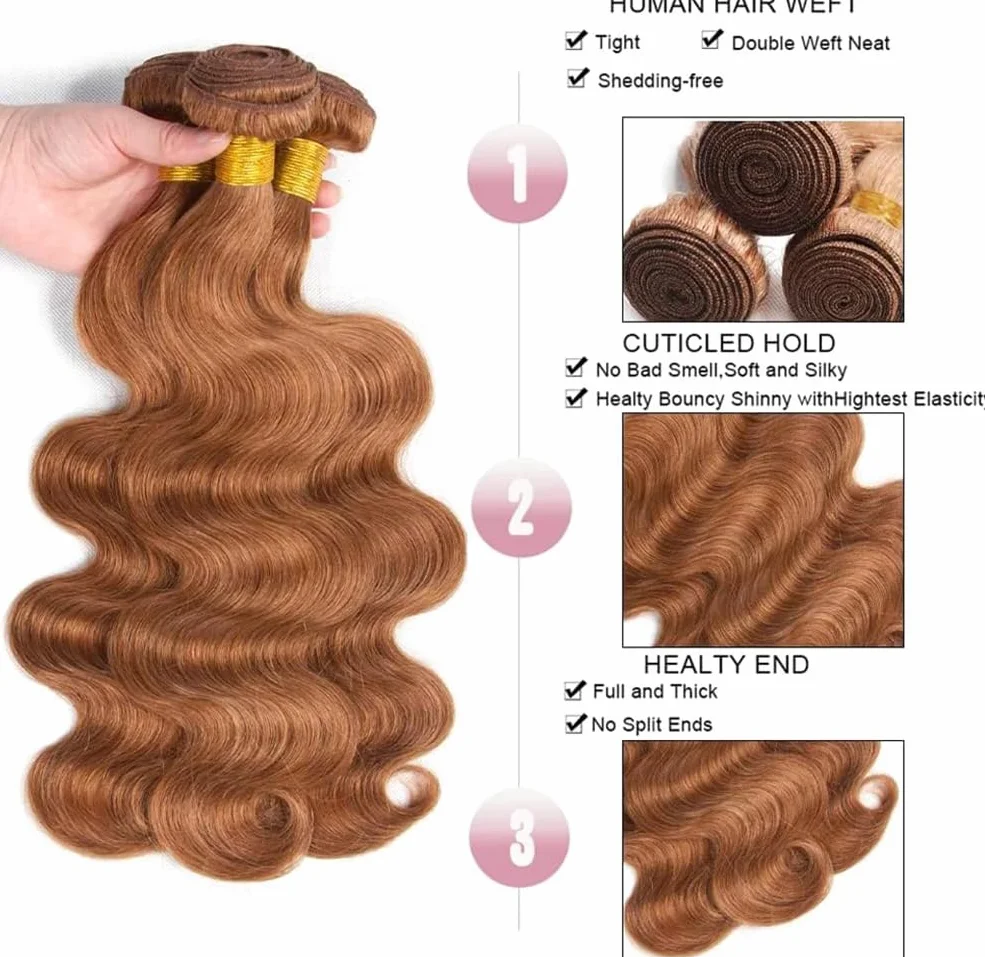 Body Wave Bundles Human Hair Tissage Cheveux Extensions De Cheveux Humains Tressés Naturels Extensions 3 Bundles 50g/pcs Double Weft #30 Light Brown for Woman 12 14 16 Inch