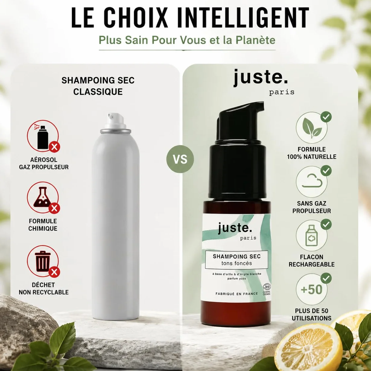 Juste Paris Shampoing Sec Poudre Bio - Cheveux Foncés – Sans Résidus Blancs - Absorbe l’Excès de Sébum & Rafraîchit les Racines – Permet d’espacer les shampoings – Parfum Yuzu - Sans aérosol