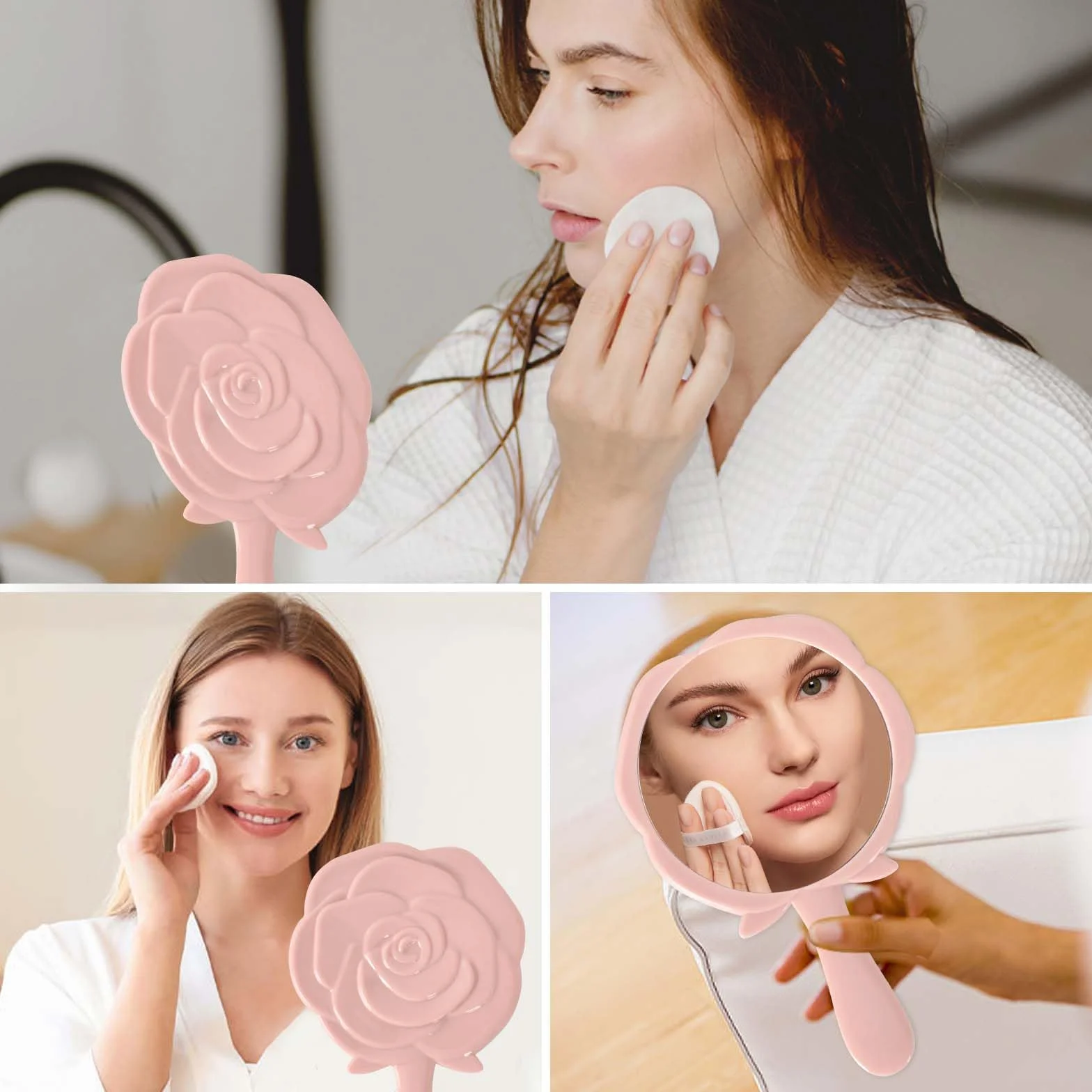 Miroir à Main Rose Portable avec Poignée pour Maquillage Voyages