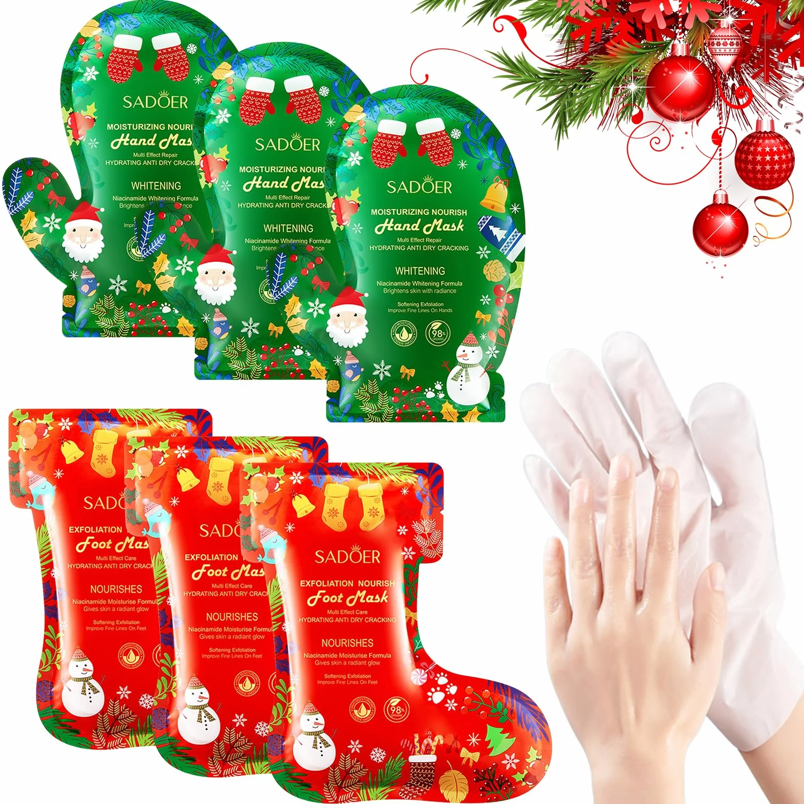 Masque Pied Peeling Exfoliant + Masque Main Hydratant, 3 Paires, Soin Pieds Secs et Abîmés