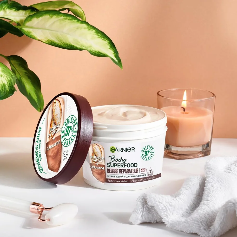 Garnier Body Superfood Crème Soin Corps Réparatrice Hydratation 48H Beurre de Cacao Céramide Peaux Sèches 380 ml