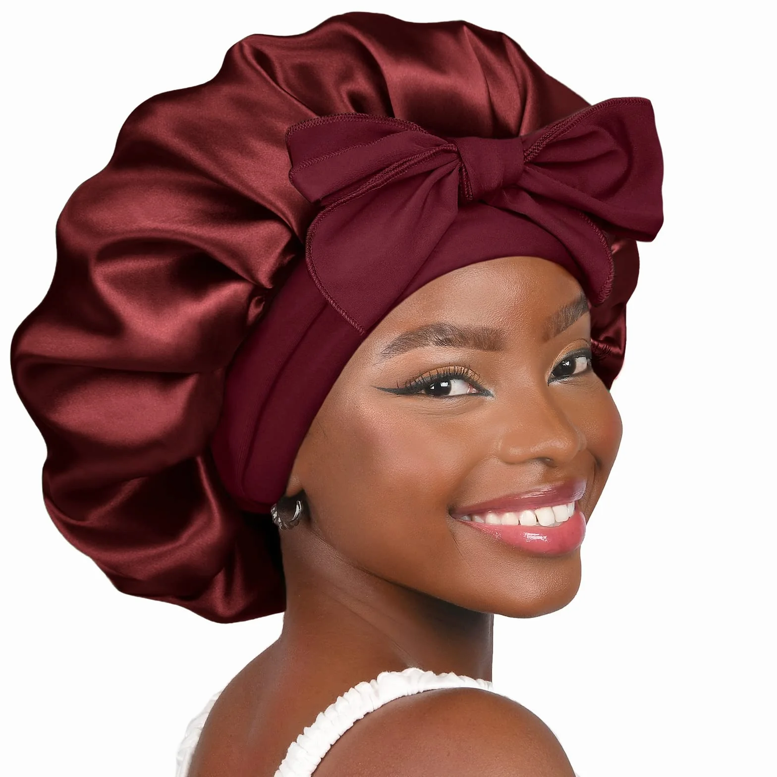 Bonnet de nuit en soie double couche avec doublure satin pour femme cheveux bouclés