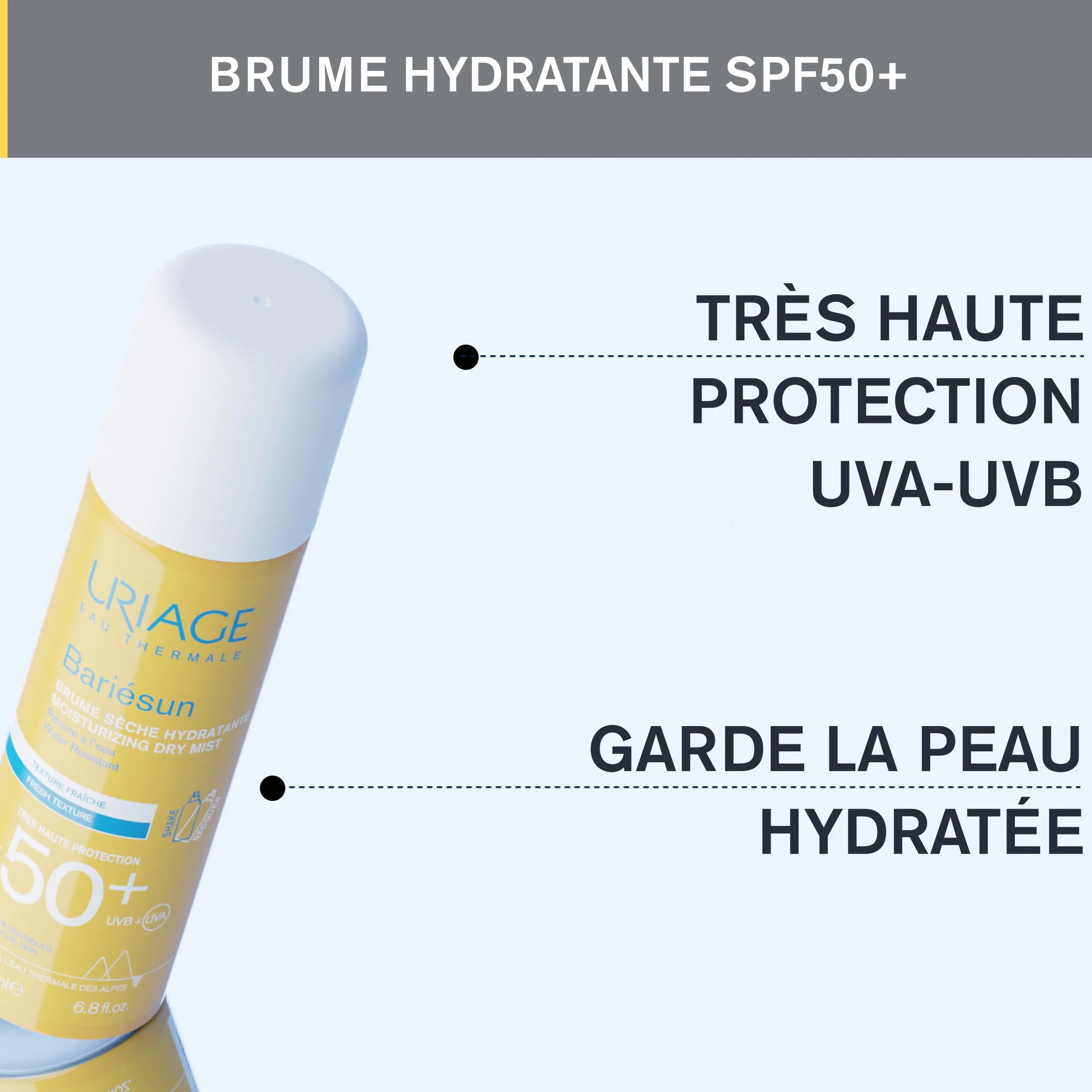 Uriage Bariesun Brume Solaire Sèche Hydratante SPF50+ - Haute Protection UVA/UVB & Lumière Bleue - Spray Corps Facile à Appliquer - Résistant à l'Eau - Effet Léger, Frais - Peaux Sensibles - 200ml