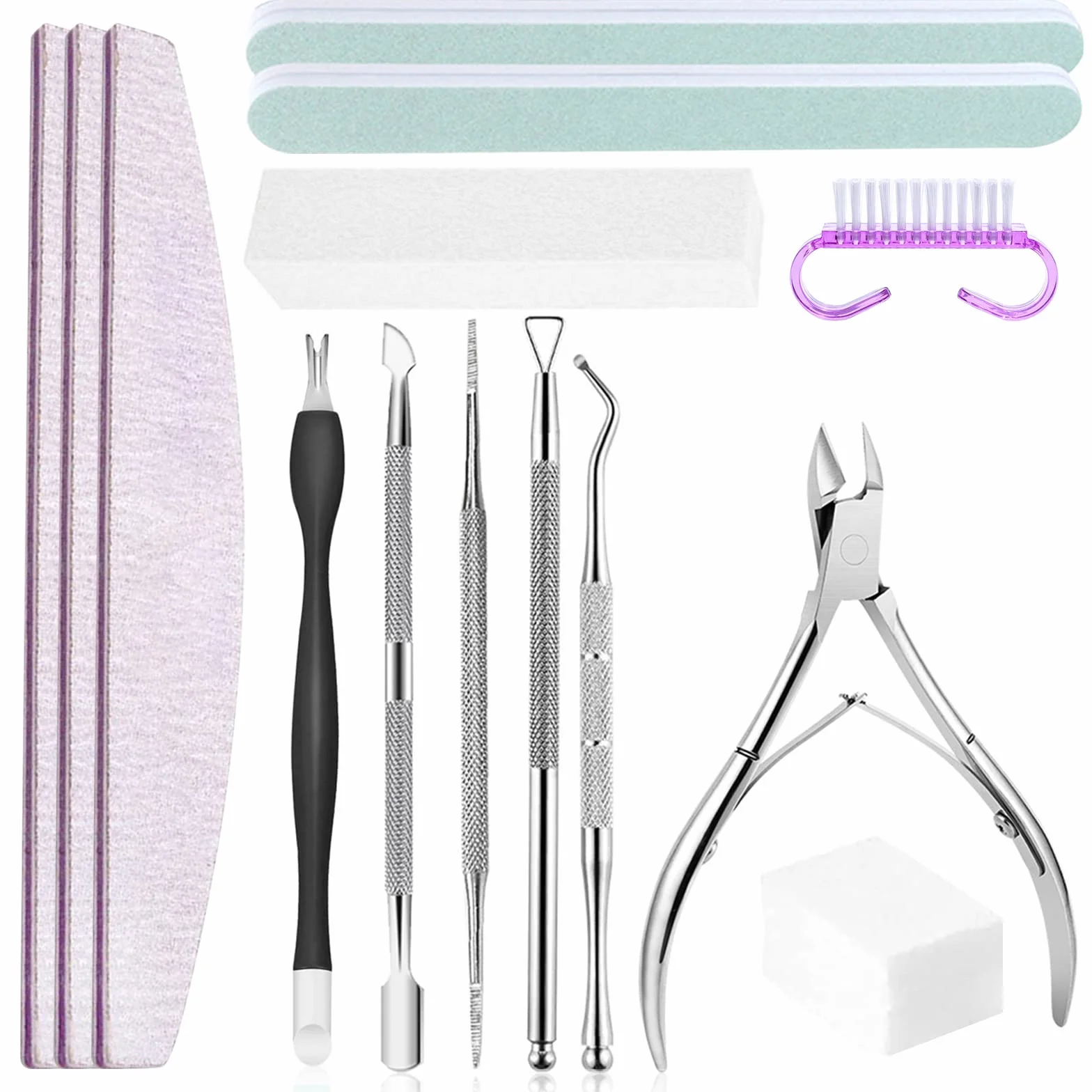 Kit de manucure et pédicure avec lime à ongles professionnelle, pousse cuticule, coupe-cuticules et brosse à ongles