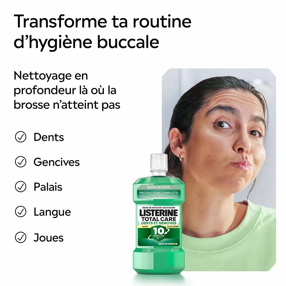 Listerine Bain de Bouche Total Care Dents et Gencives 0% Alcool 500 ml Soin bucco-dentaire 10 en 1 Haleine fraîche