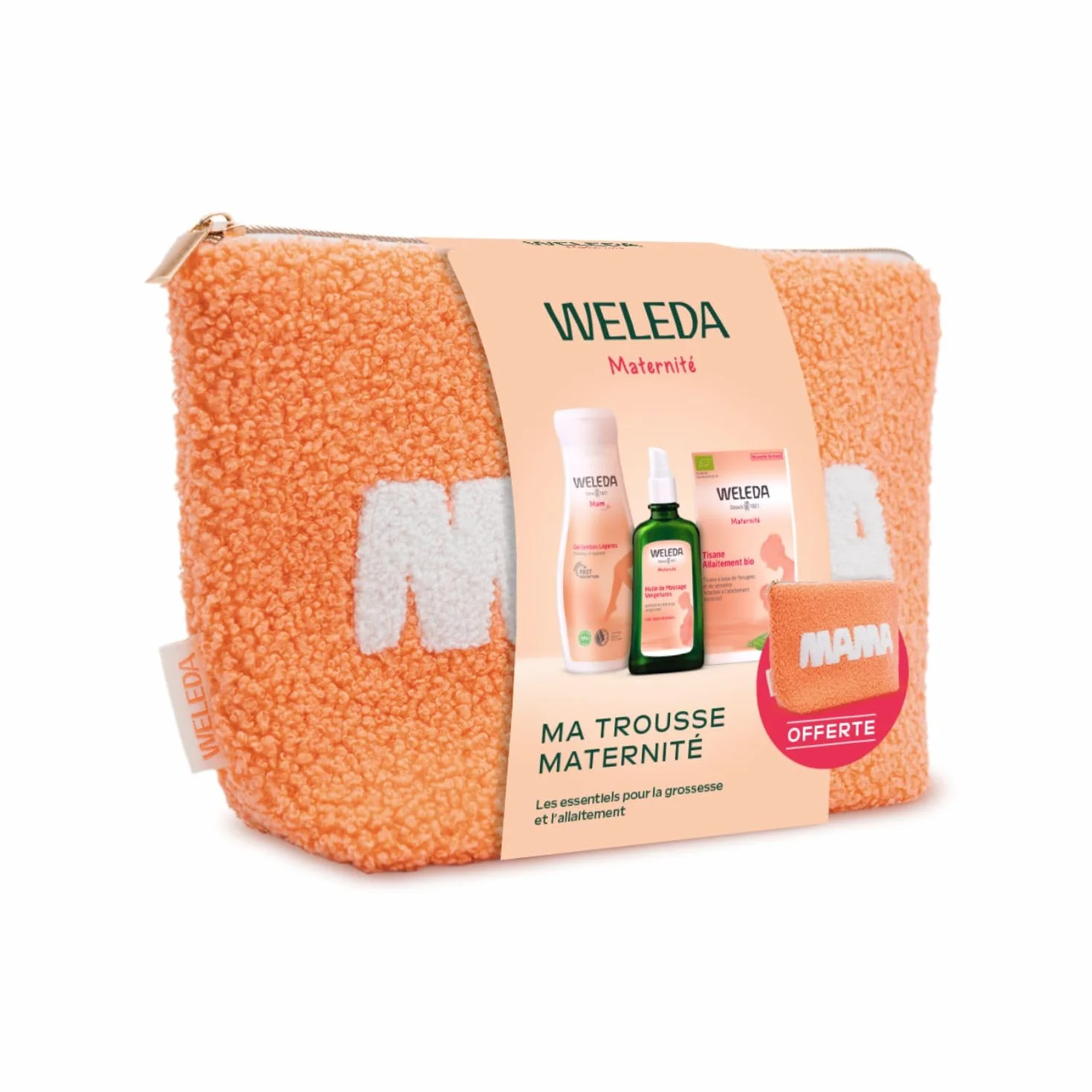 WELEDA Trousse Maternité Grossesse Allaitement Huile Massage Vergetures 100ml Gel Jambes Légères 200ml Tisane Bio 20 sachets Coton Recyclé