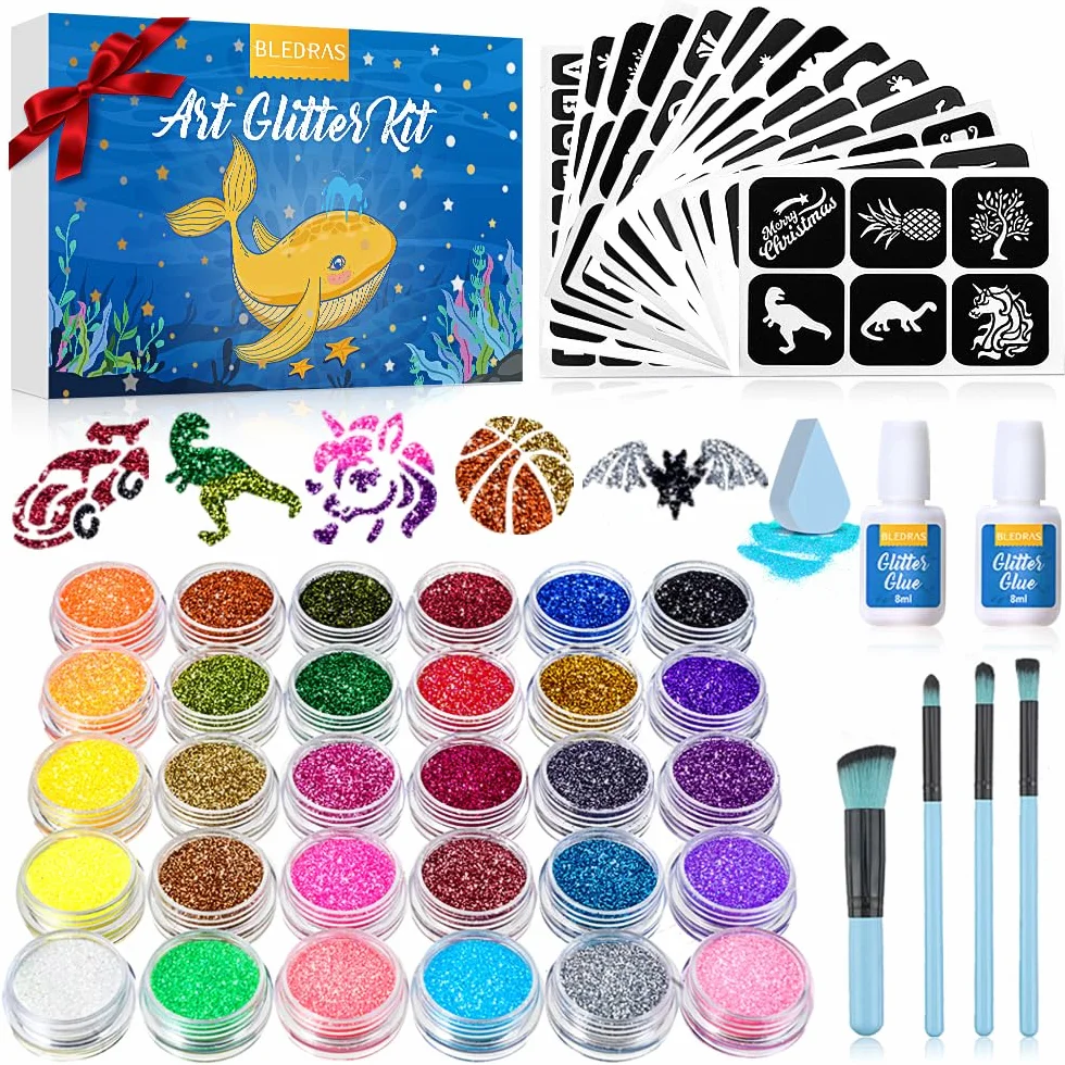 Kit Tatouage Temporaire- Bledras Tatouage Enfant 30 Couleurs, 147 Pochoir Tatouage, 4 Pinceaux- Tatouage Éphémère Imperméable, Coffret Cadeau Garçons Filles, Tatouage Paillettes pour Cosplay, Fête