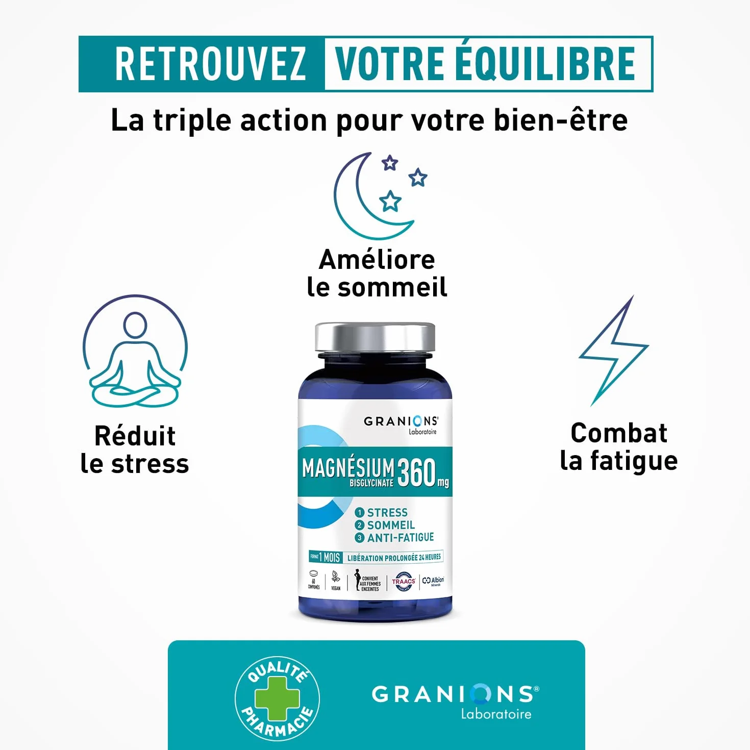 MAGNESIUM BISGLYCINATE 360 MG GRANIONS Magnesium Fort Dosage Vitamine B6 Anti Stress Adulte 60 Comprimés