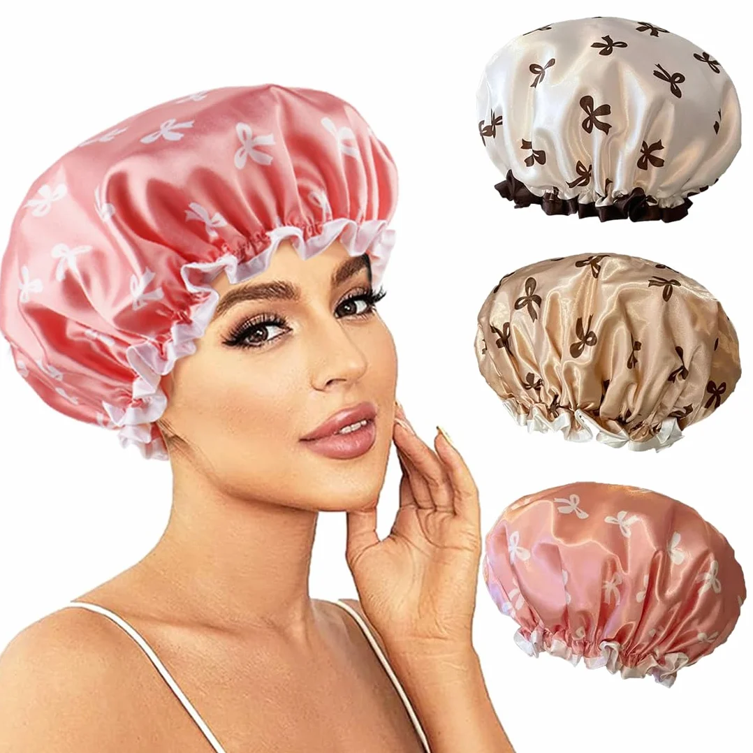 Bonnet de douche étanche en satin élastique réutilisable à double couche pour dormir (Rosa, Blanc, Or)