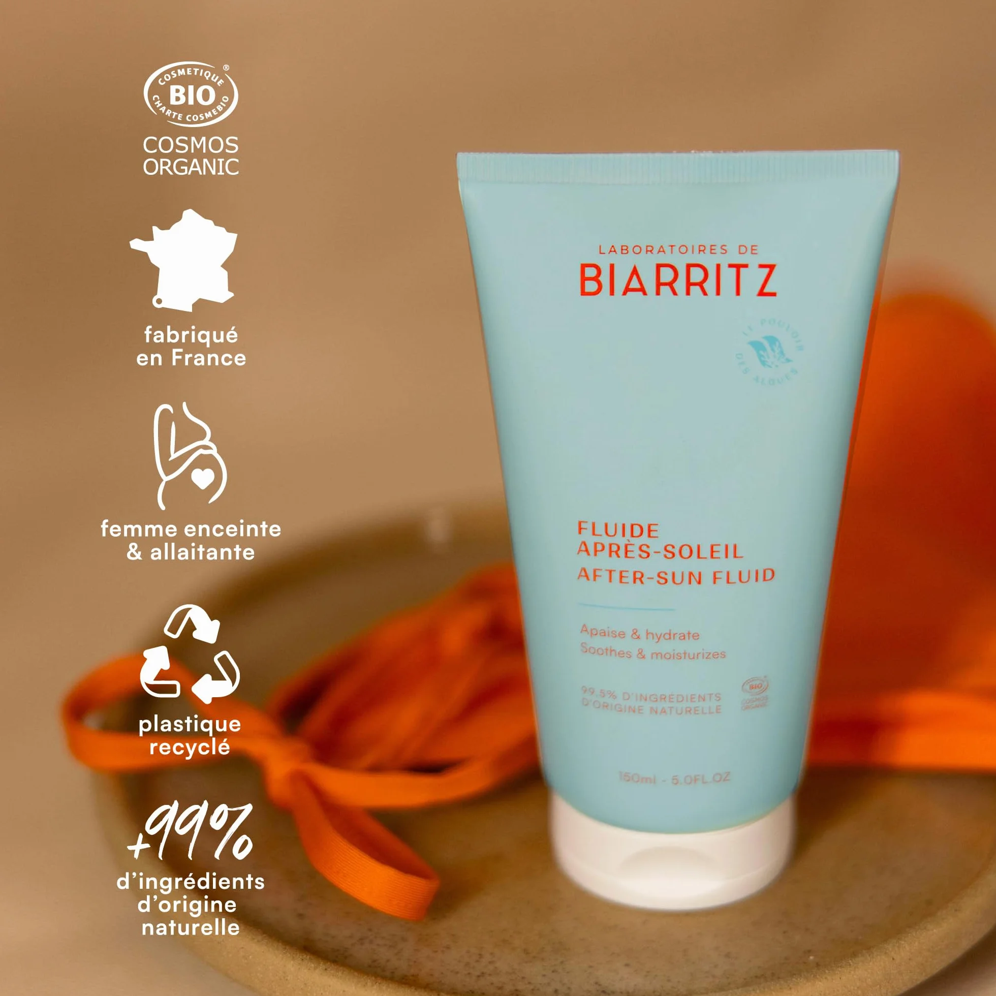 Laboratoires de Biarritz Fluide Après-Soleil Certifié Bio Hydrate et Apaise Visage et Corps 150 ml